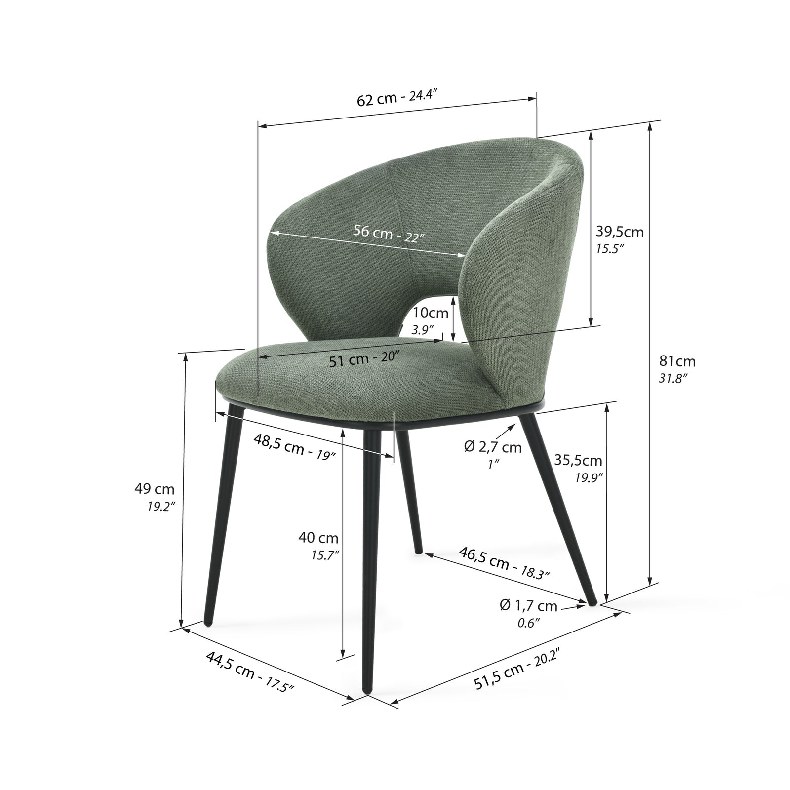 Alice Fabric Chairs, Set of 2, Forest Green - Immagine tecnica 1