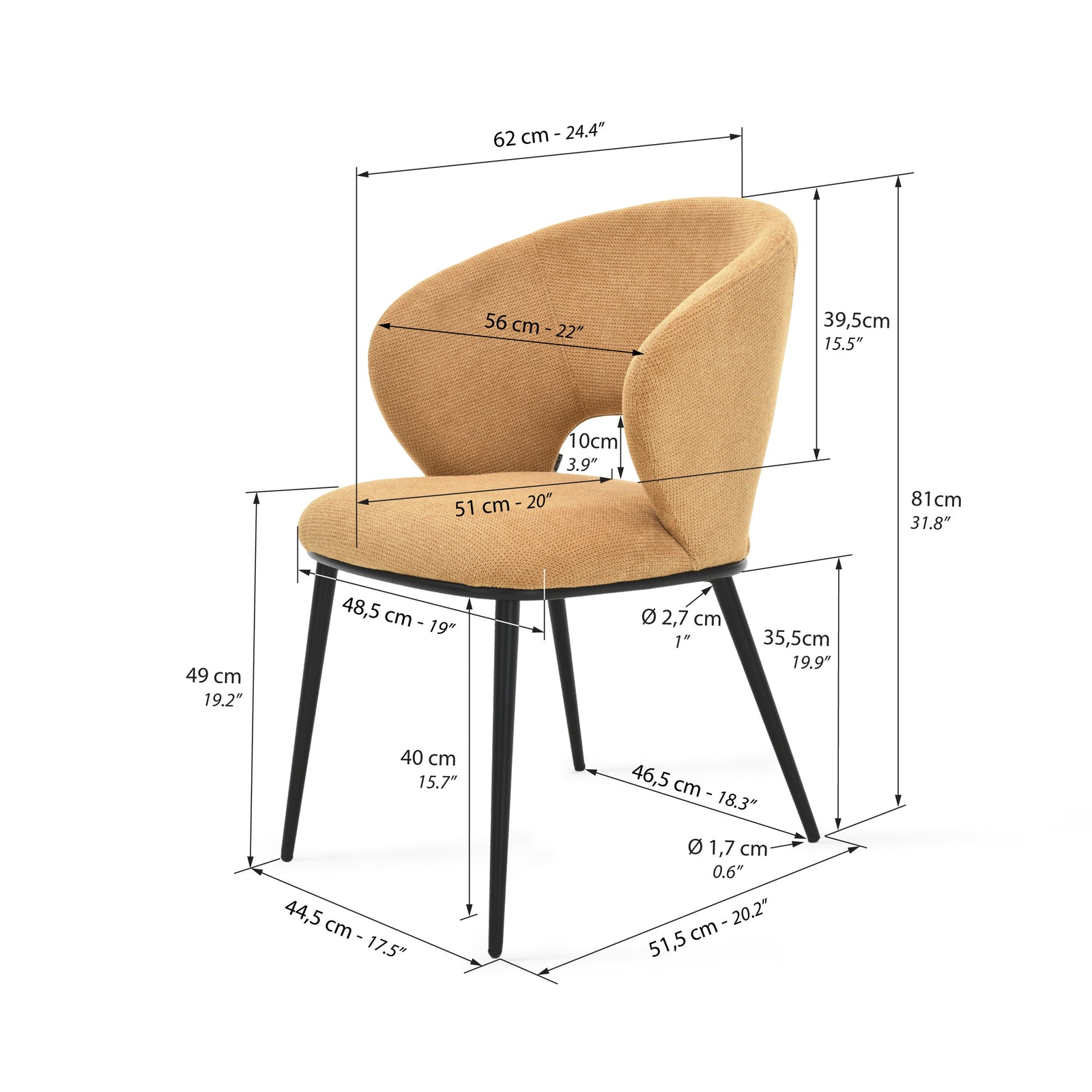 Scaune din material textil Alice, Set de 2, Portocaliu - Immagine tecnica 1