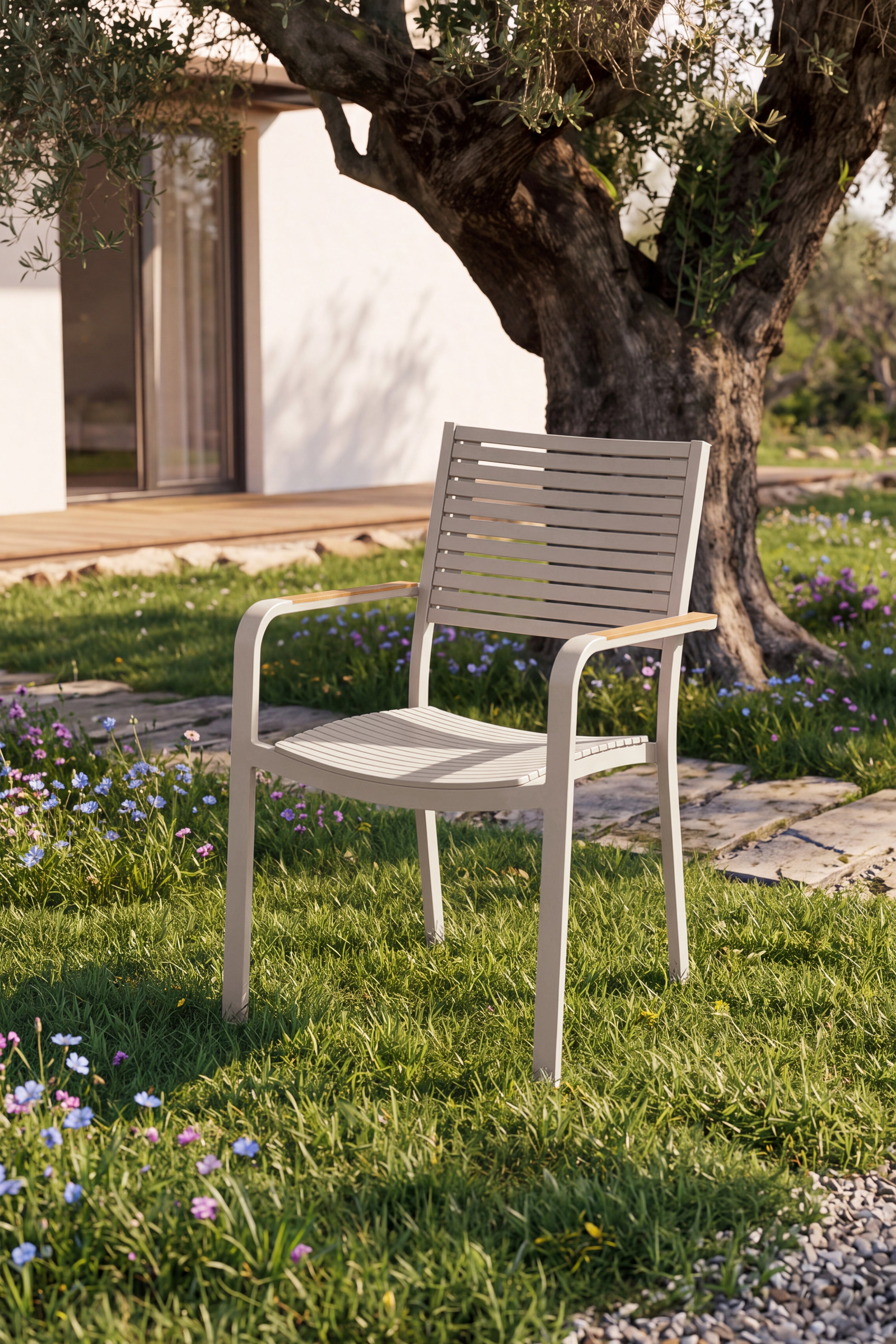 Set da esterno tavolo rotondo Aurora 140 cm e 6 sedie Aurora, beige e teak