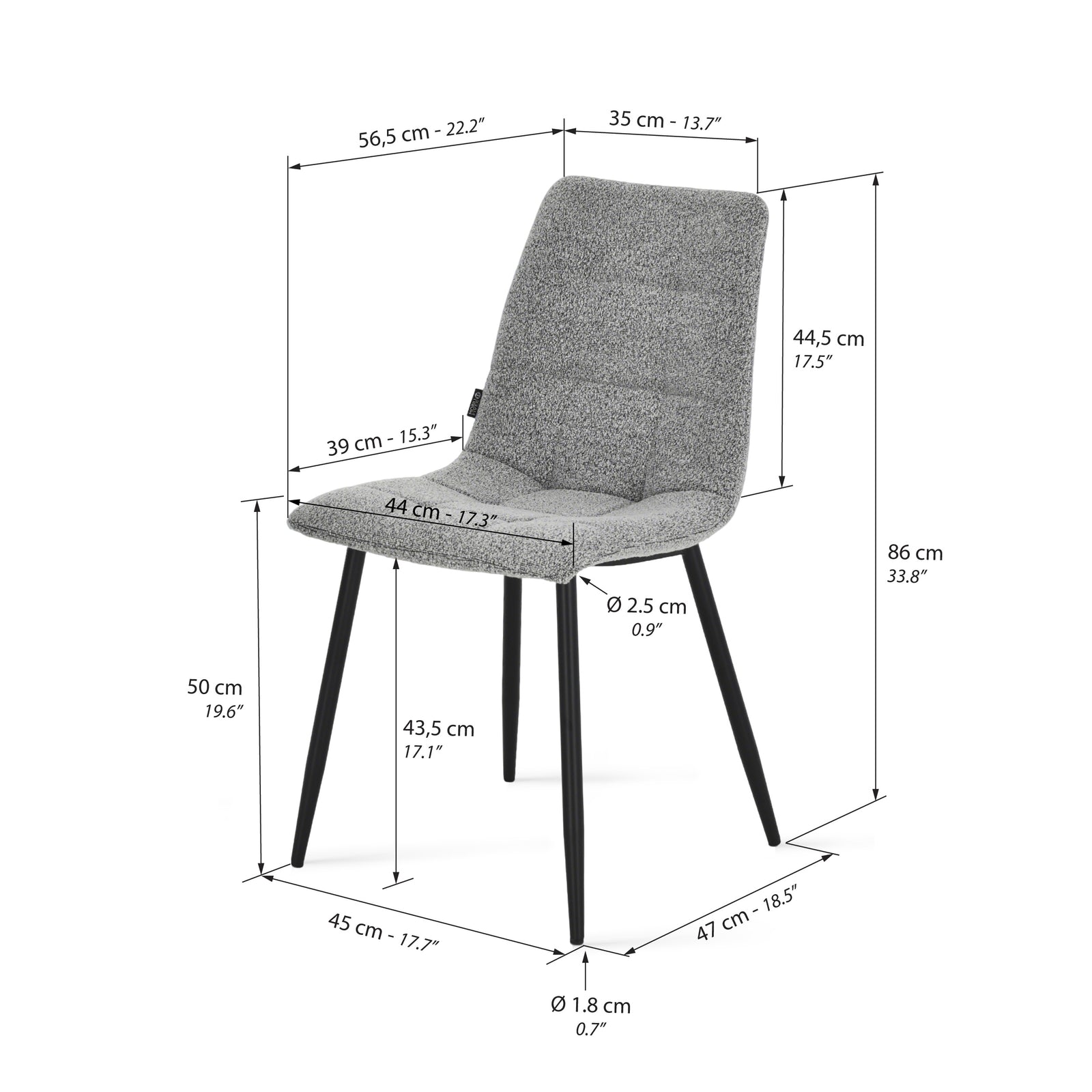 Chaises en tissu Lia, Lot de 2, Gris - Immagine tecnica 1