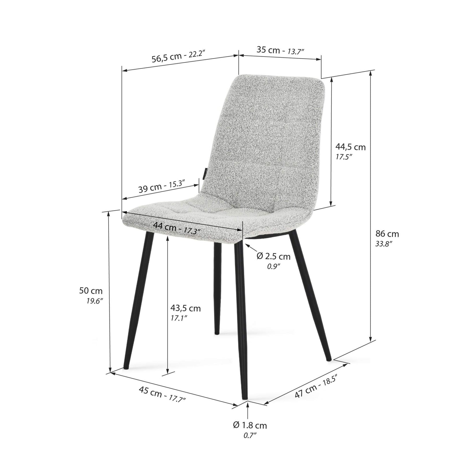 Lia Fabric Chairs, Set of 2, Cream White - Immagine tecnica 1