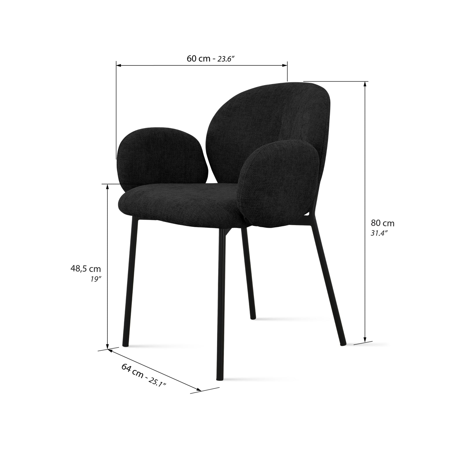 Sedie in tessuto Micky, Set da 2, Nero - Immagine tecnica 1