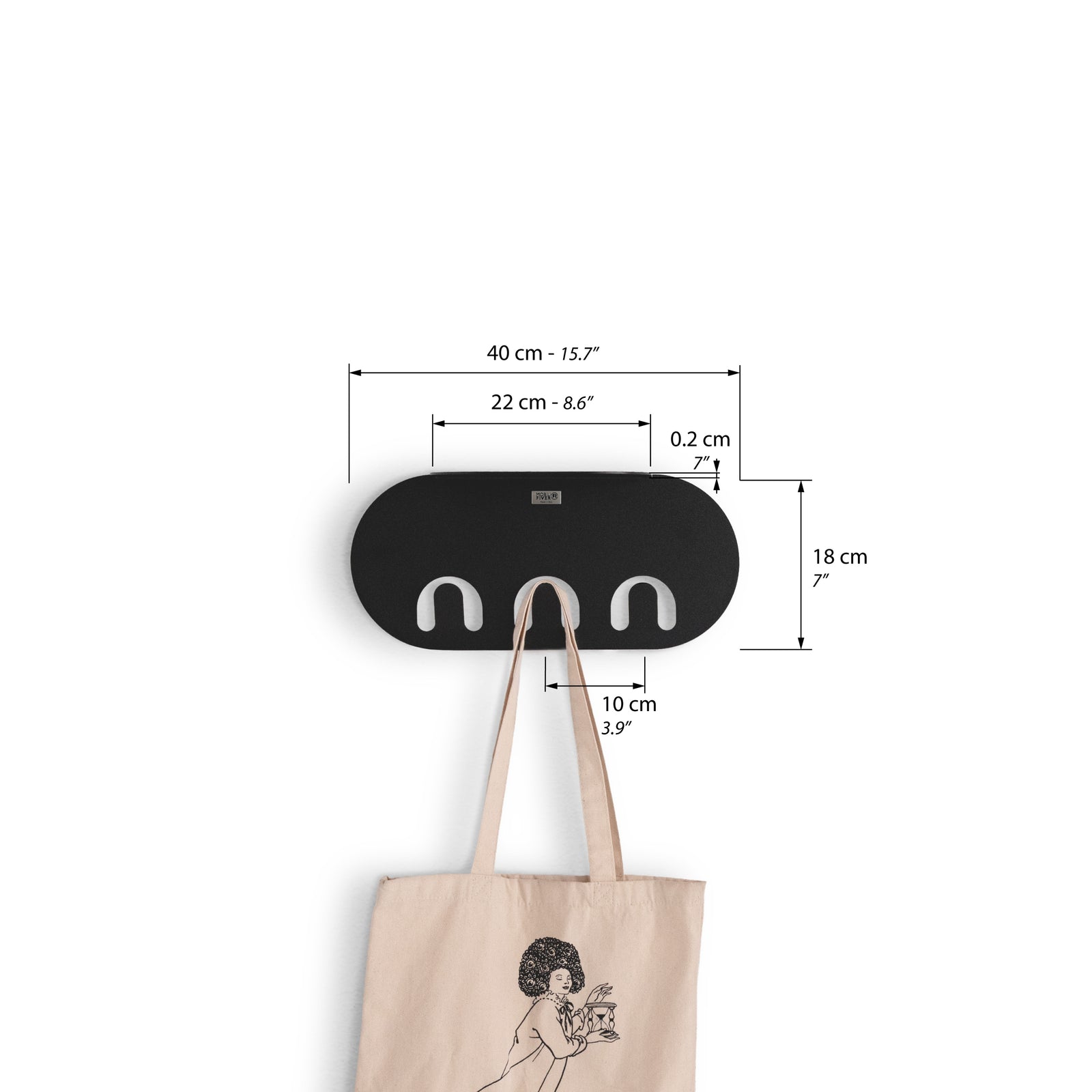 Porte-manteau mural en métal Camilla, 40 cm, Noir - Immagine tecnica 1