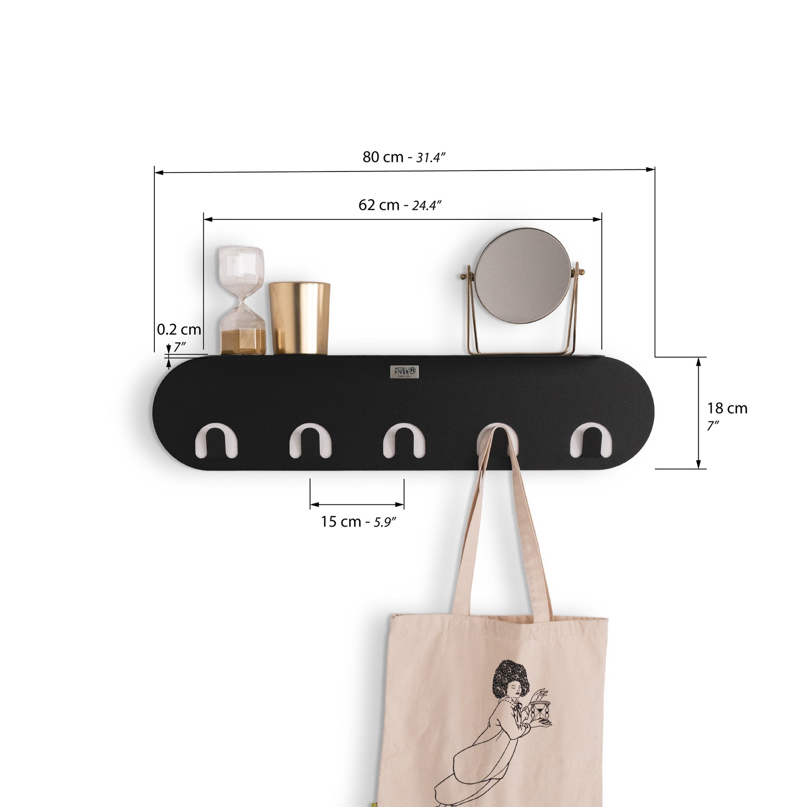 Porte-manteau mural en métal Camilla, 80 cm, Noir - Immagine tecnica 1