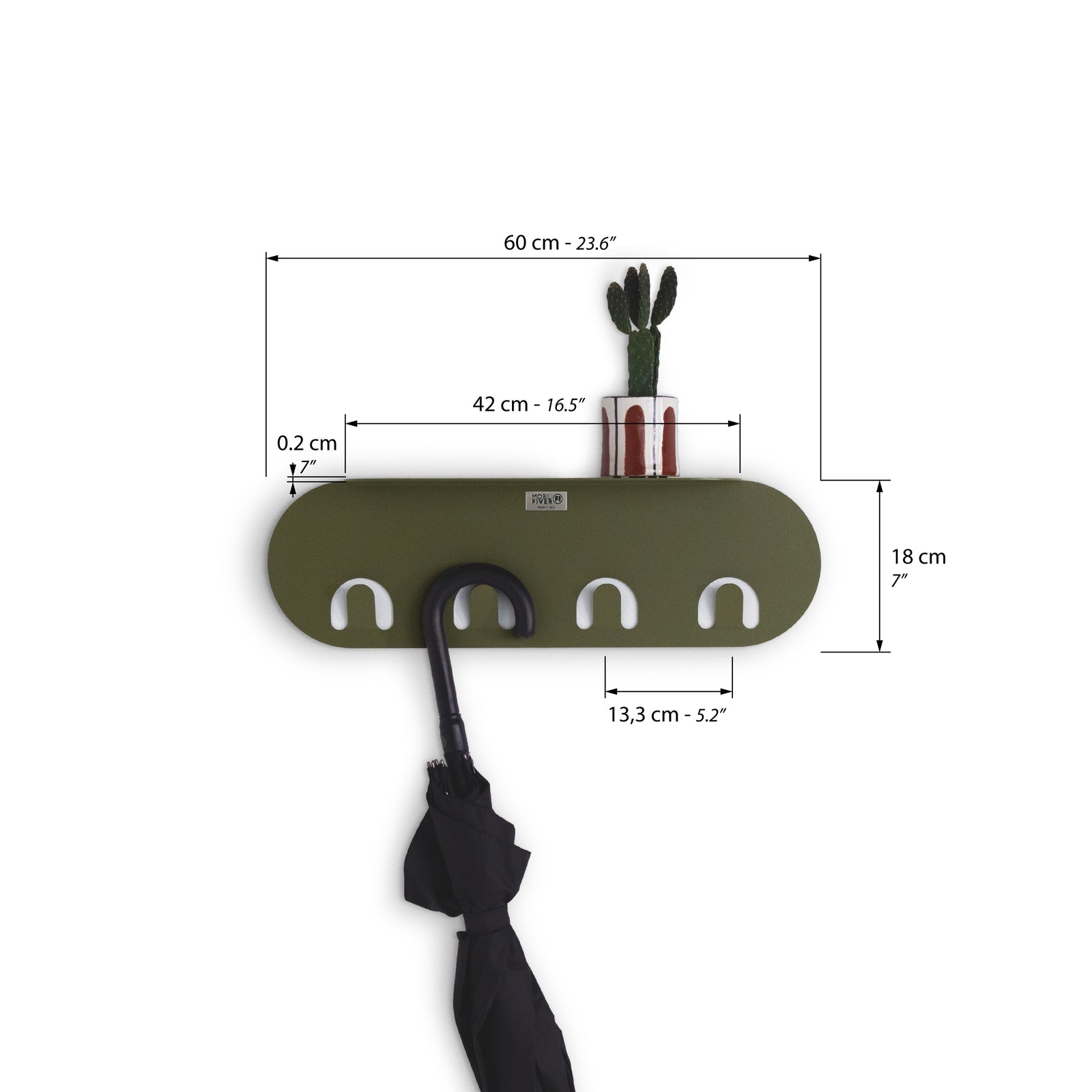 Appendiabiti da parete in metallo Camilla, 60 cm, Verde Olivia - Immagine tecnica 1