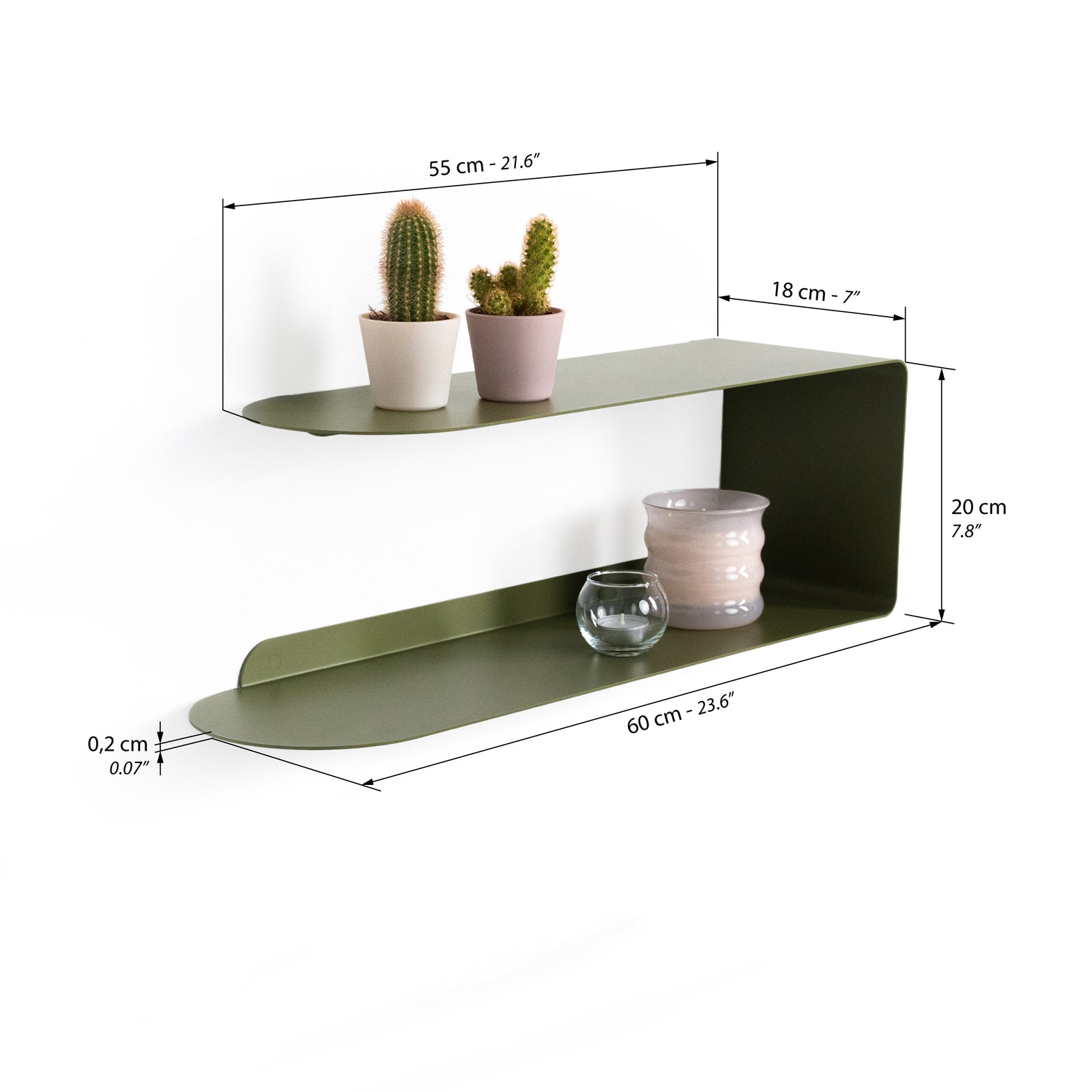 Metallregal Camilla C-Form, 60x18x20 cm, Olivgrün - Immagine tecnica 1