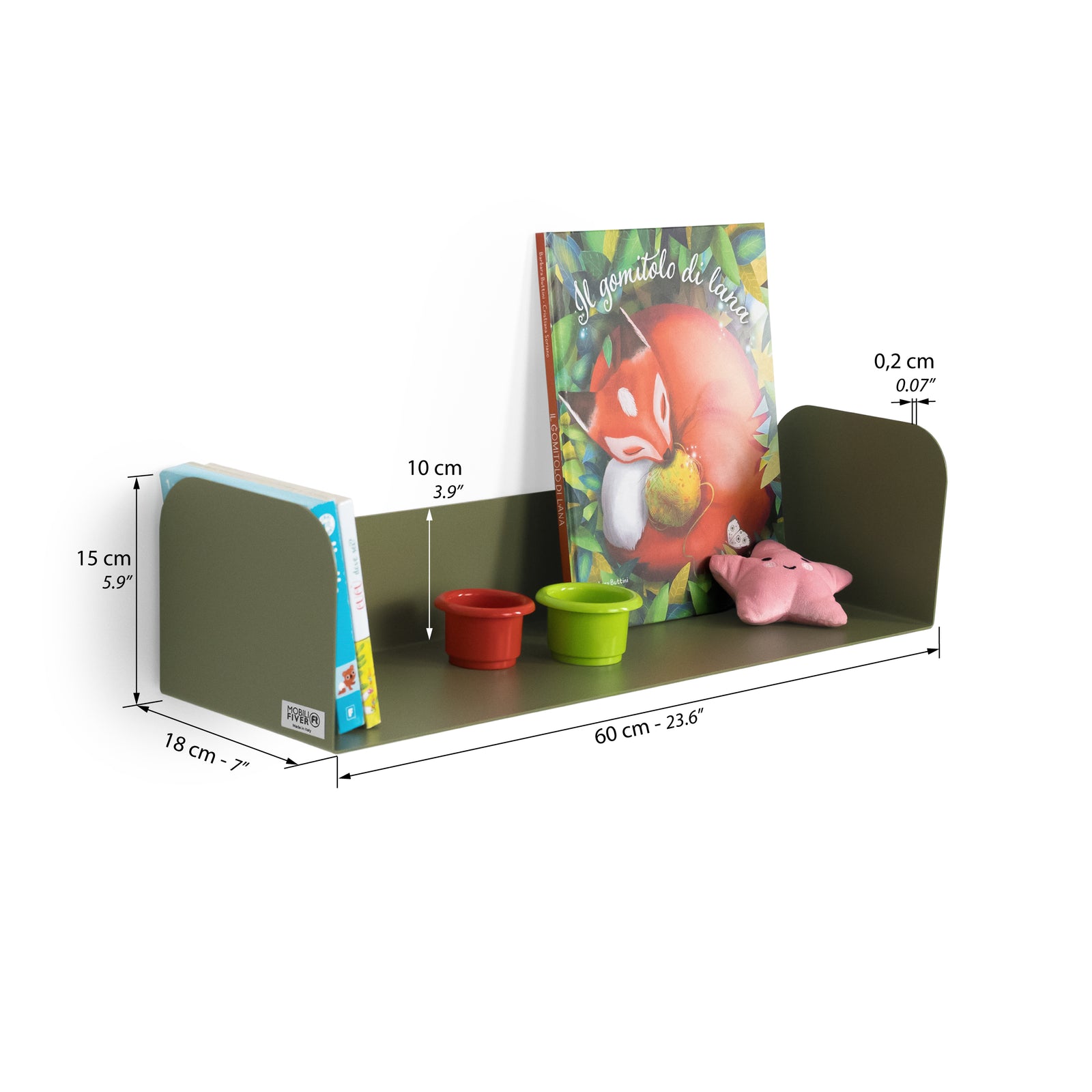 Mensola in metallo Camilla a U, 60x18x15 cm, Verde Olivia - Immagine tecnica 1