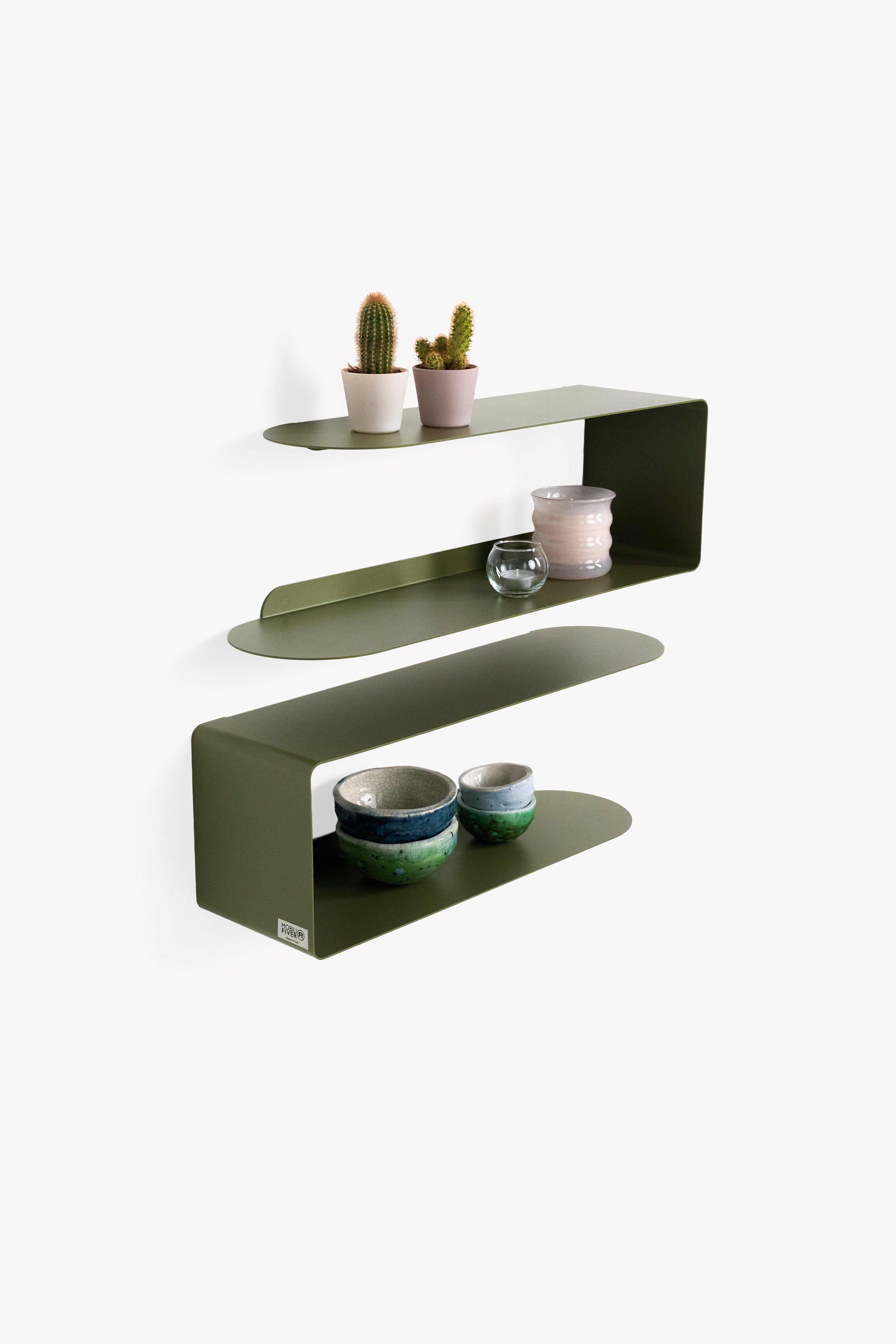 2er-Set Metallregale Camilla C-Form, 60x18x20 cm, Olivgrün