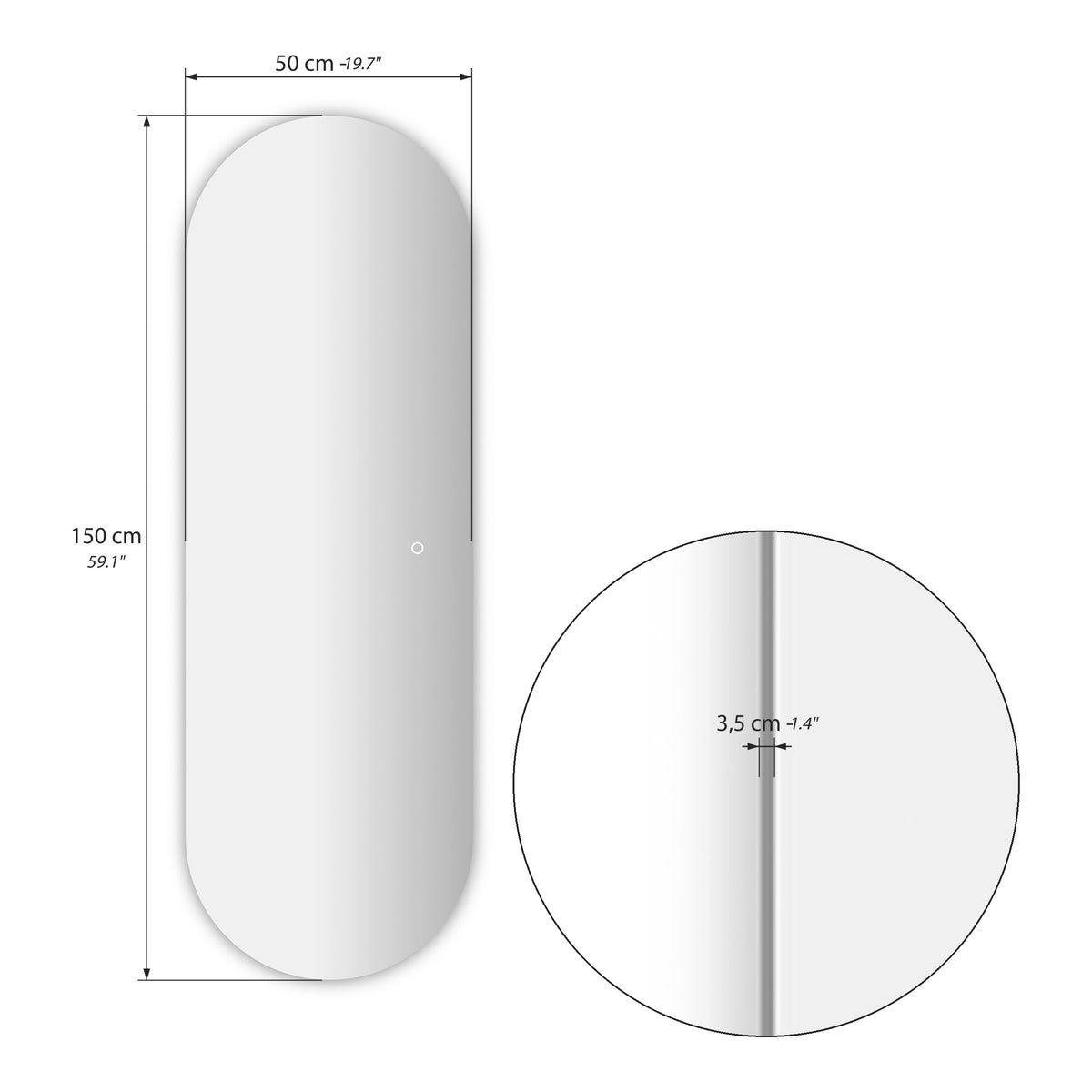 Miroir ovale à LED Atena, 150x50 cm, lumière chaude - Immagine tecnica 1