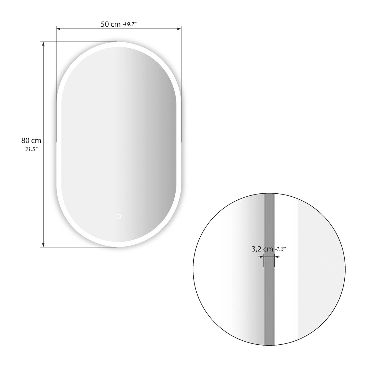 Atena oval LED mirror, 80x50 cm, warm light - Immagine tecnica 1