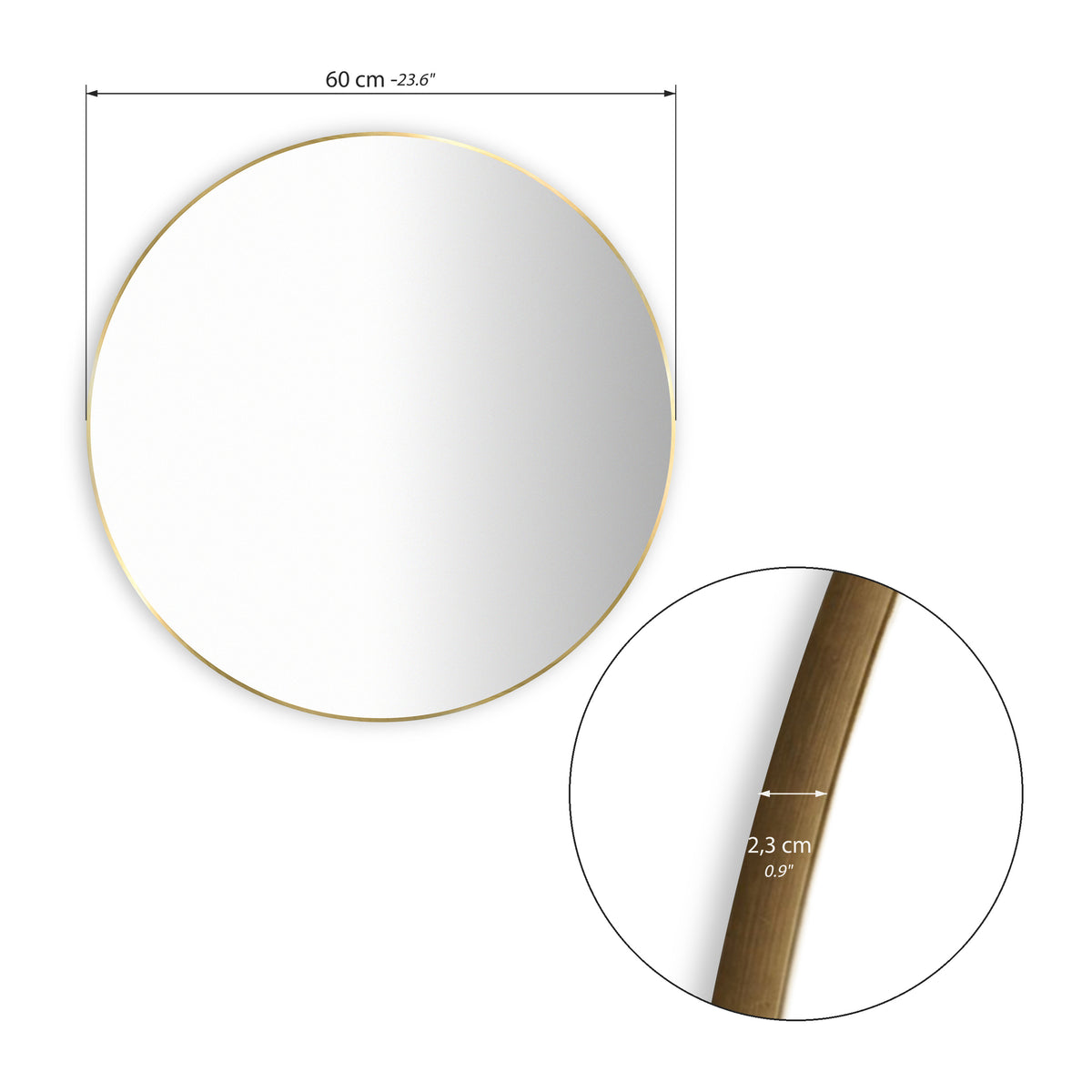 Miroir rond Carlotta, Ø 60 cm, cadre en acier couleur laiton - Immagine tecnica 1
