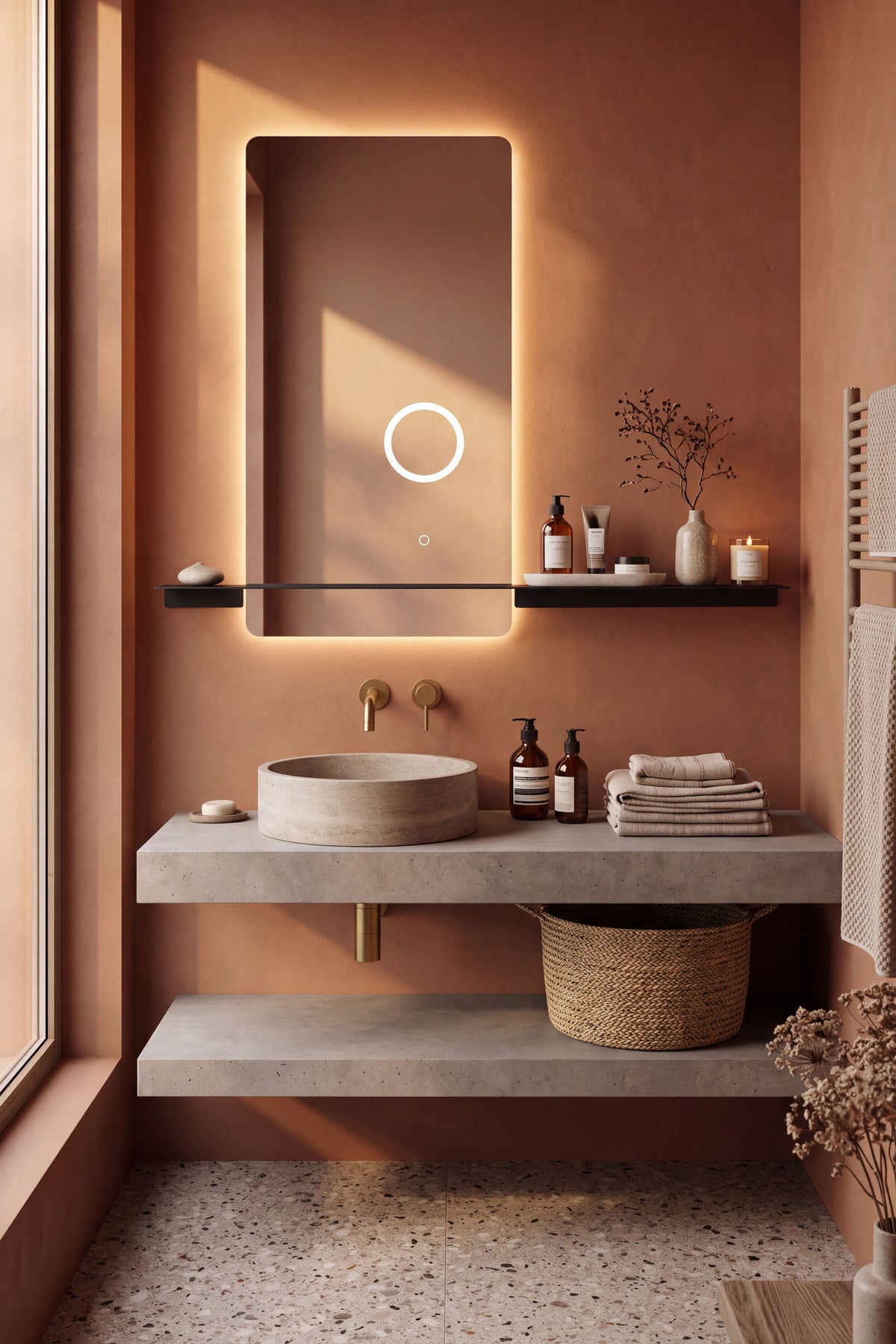Rectangular LED mirror Cristina, 100x55 cm, with brushed brass shelf 120x13.8 cm - Set image 1