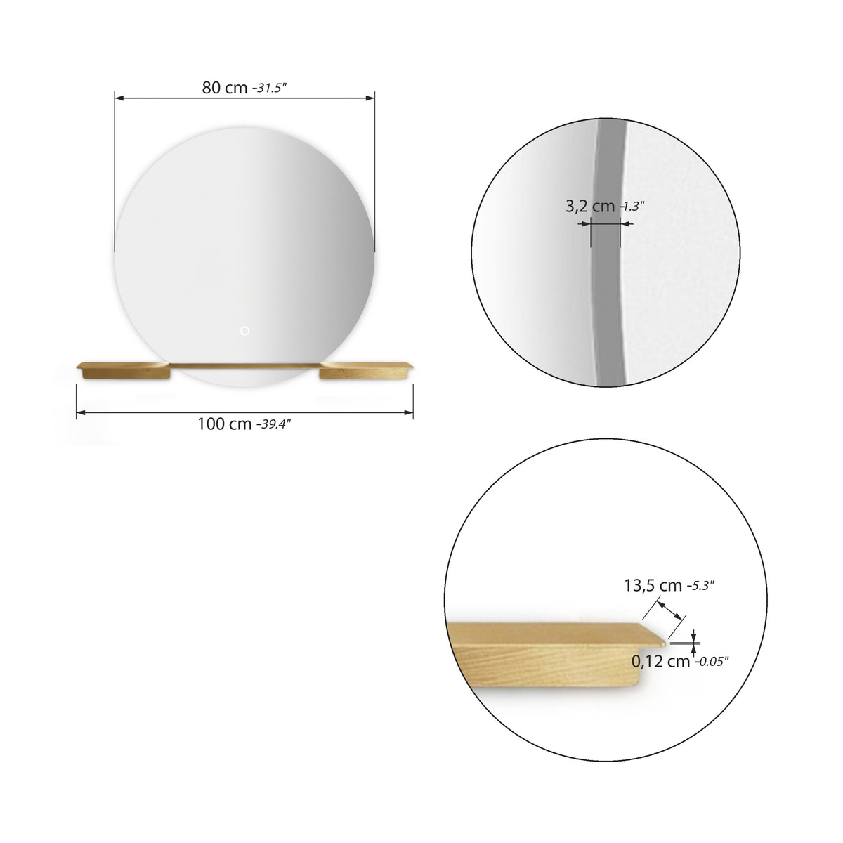Miroir rond à LED Cristina Ø 80 cm avec étagère en laiton brossé 100x13,5 cm - Immagine tecnica 1