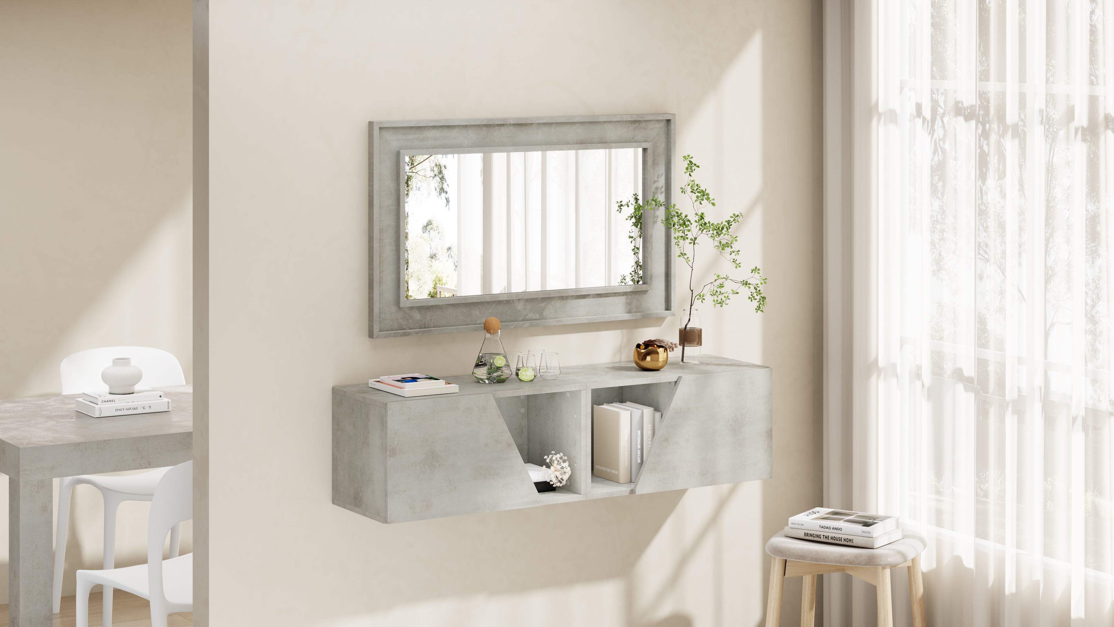 Coppia di pensili Emma 70 Con Anta a Ribalta, Grigio Cemento - Immagine ambientata 2