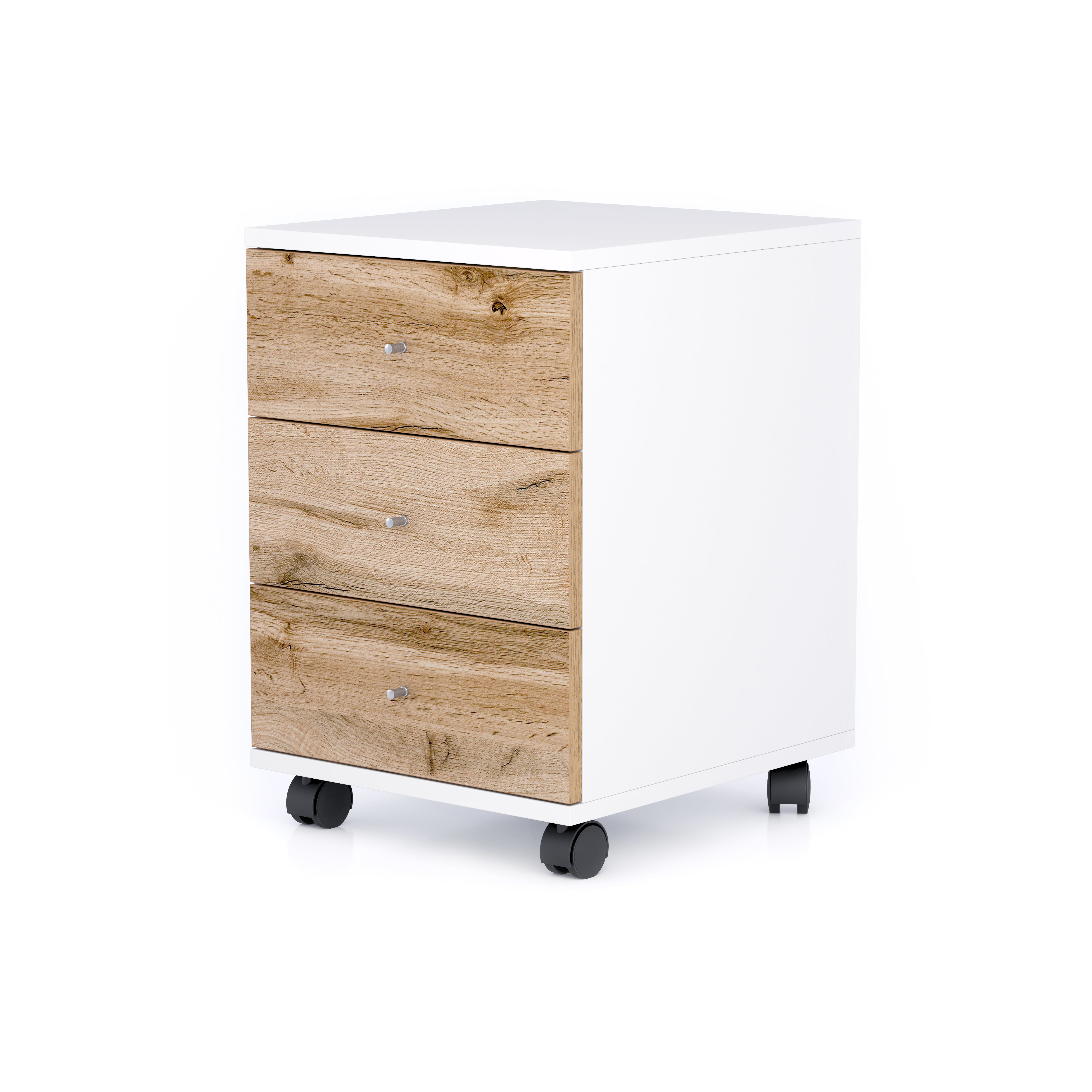 Cassettiera con ruote Clara, Bianco Opaco con cassetti Rovere Rustico