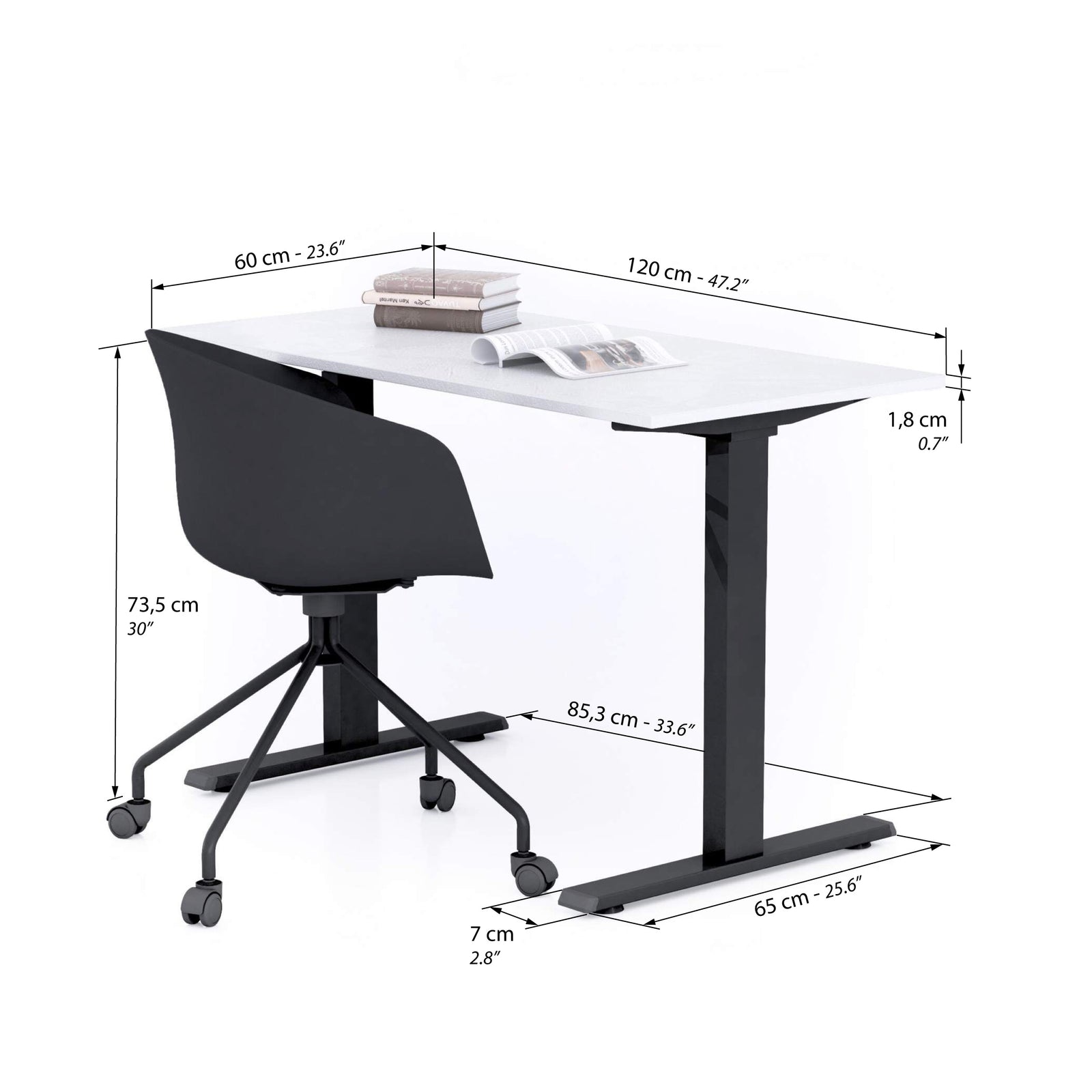 Bureau Clara 120x60, Blanc Béton, avec Pieds Fixes Noirs - Immagine tecnica 1