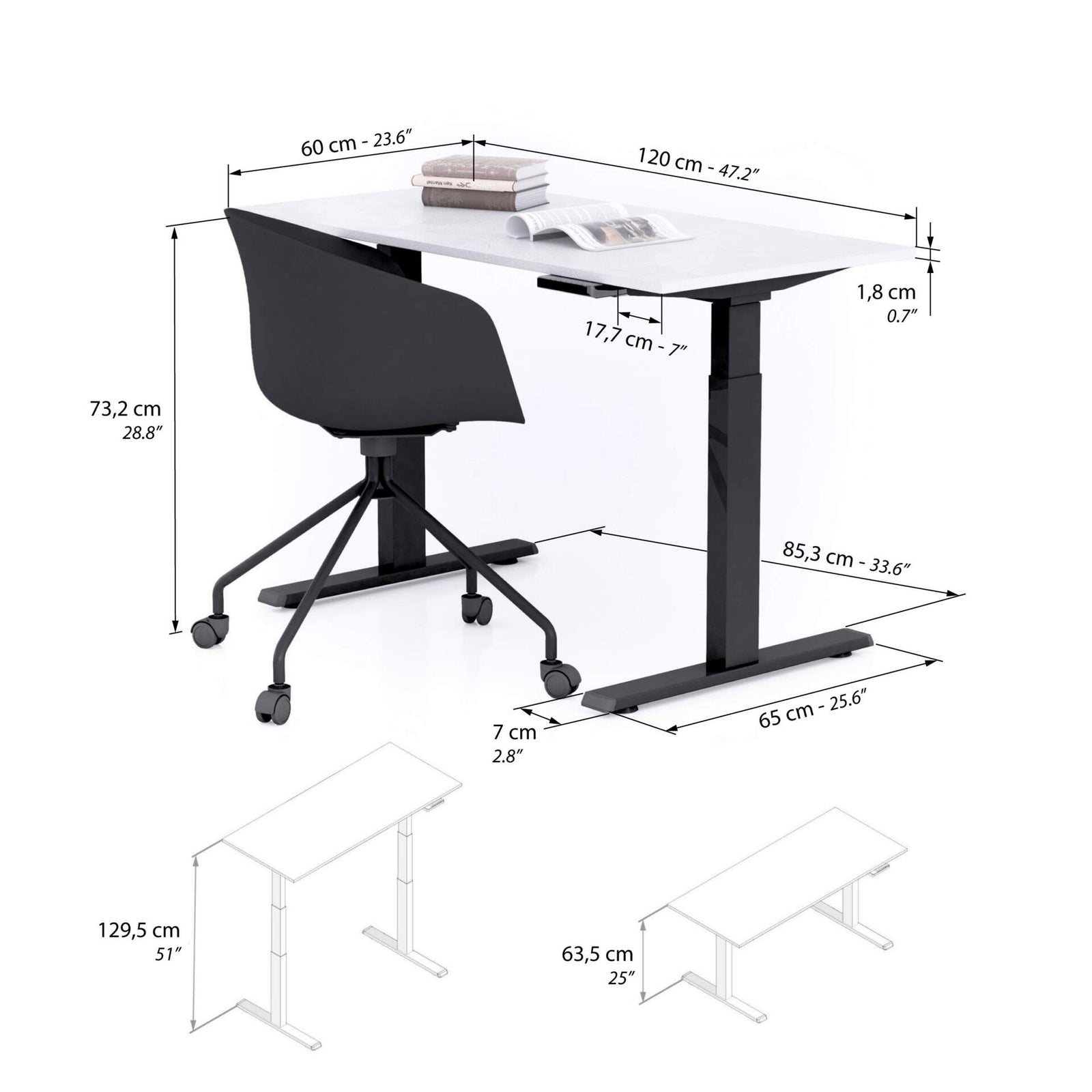 Scrivania Regolabile Clara 120x60 Bianco Cemento con Gambe Nere - Immagine tecnica 1