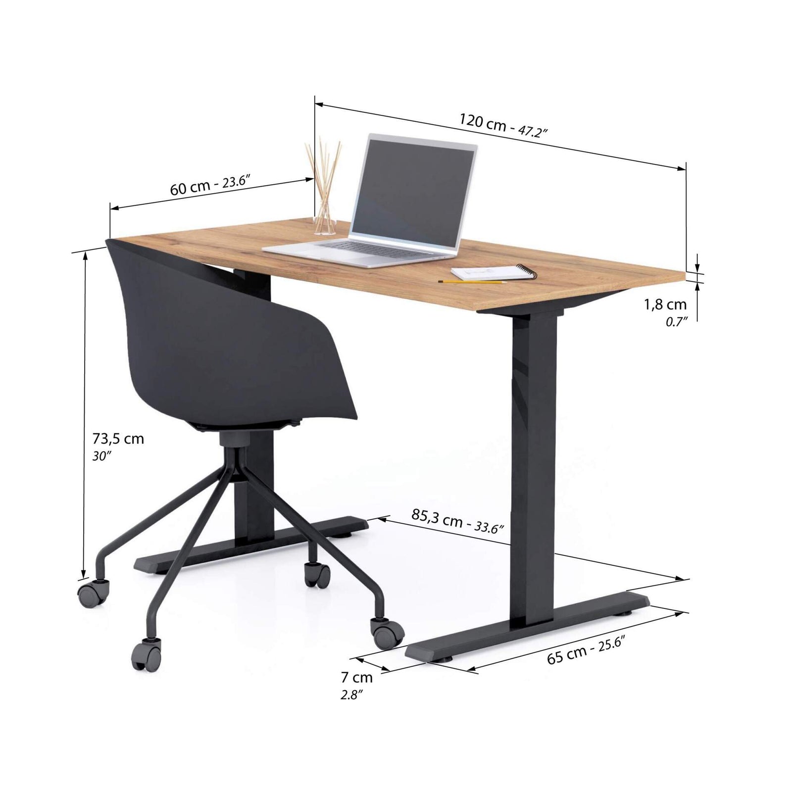 Bureau Clara 120x60, Bois Rustique, avec Pieds Fixes Noirs - Immagine tecnica 1