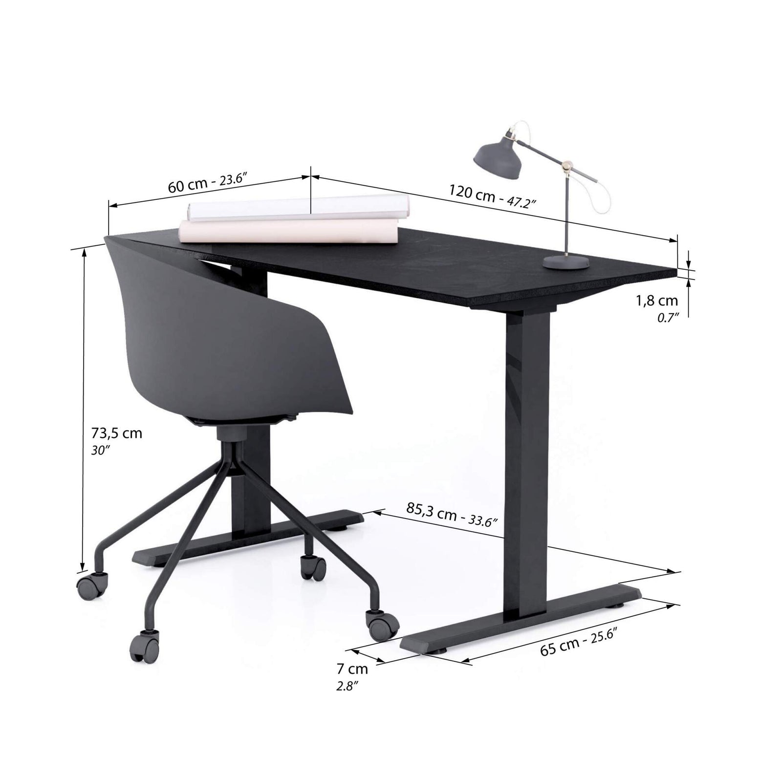 Bureau Clara 120x60, Noir Béton, avec Pieds Fixes Noirs - Immagine tecnica 1