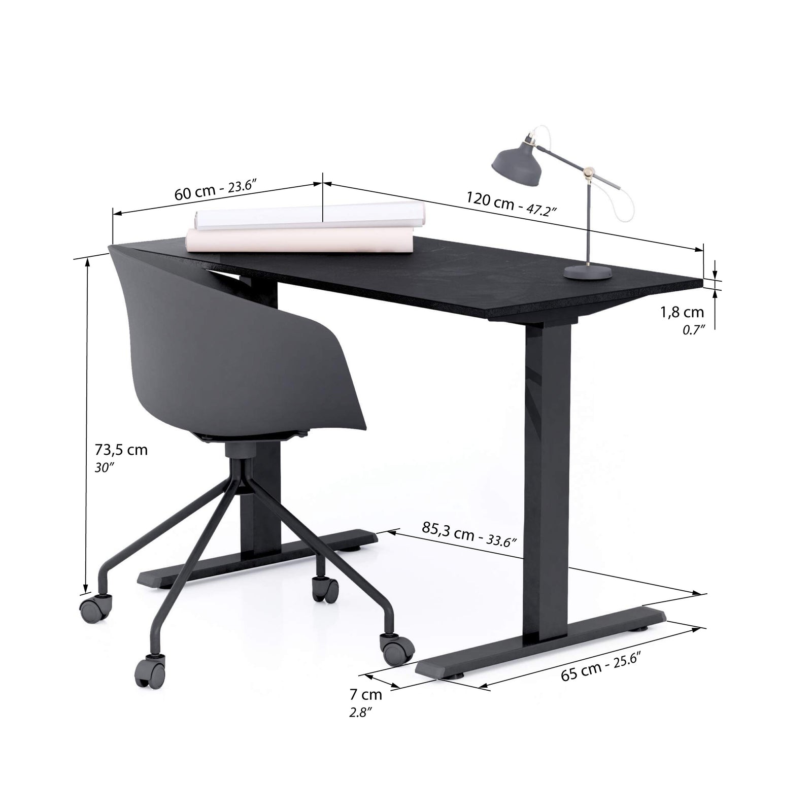 Clara Fixed Height Desk 120x60 Concrete Effect, Black with Black Legs - Immagine tecnica 1