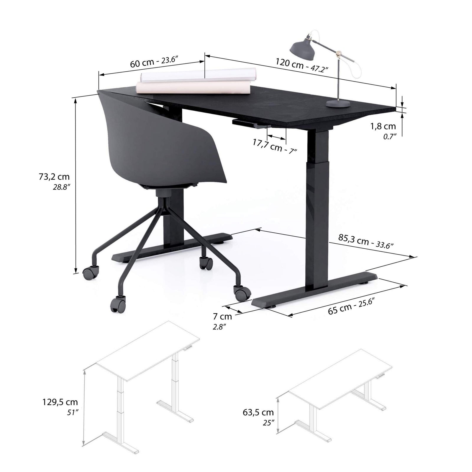 Scrivania Regolabile Clara 120x60 Nero Cemento con Gambe Nere - Immagine tecnica 1