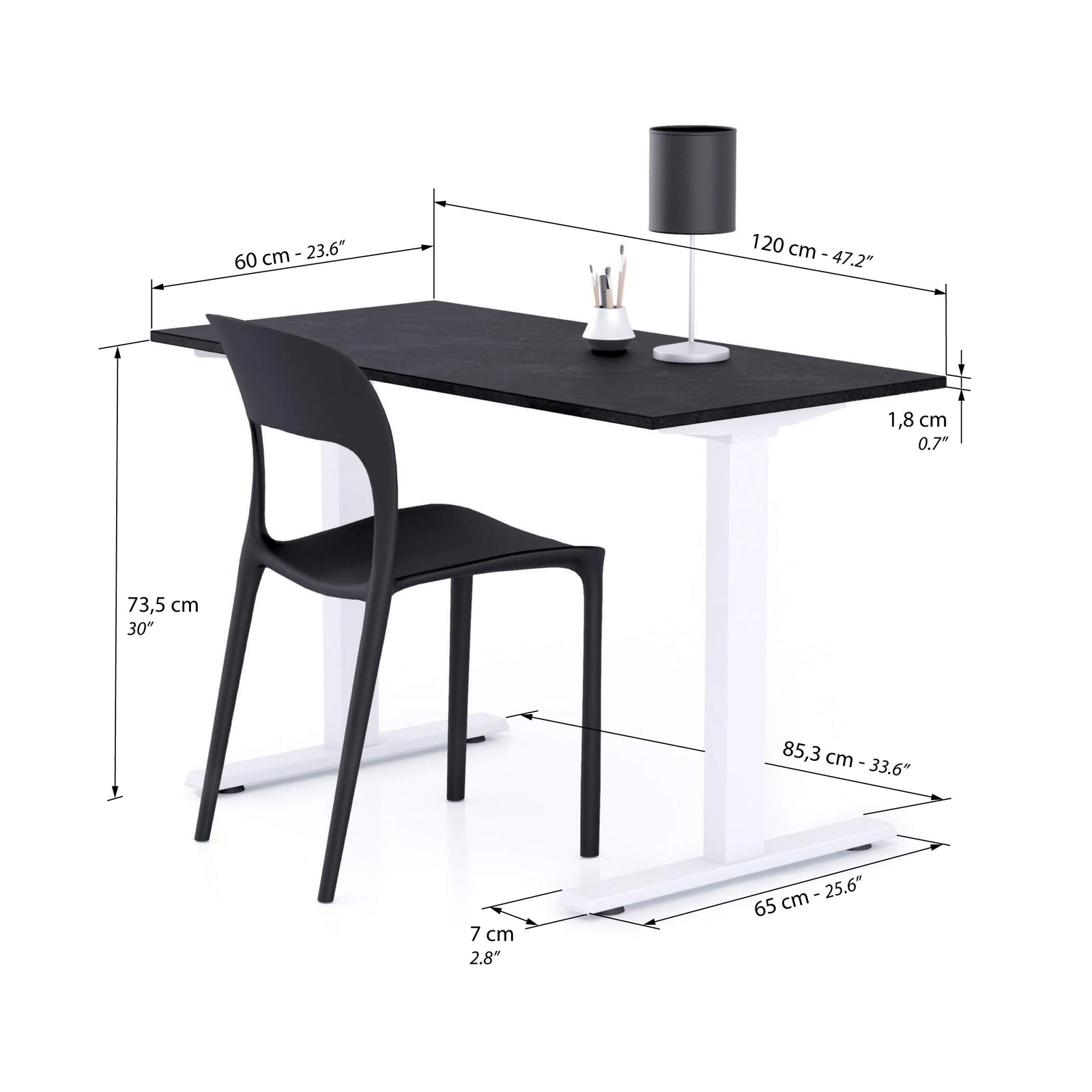 Clara Fixed Height Desk 120x60 Concrete Effect, Black with White Legs - Immagine tecnica 1