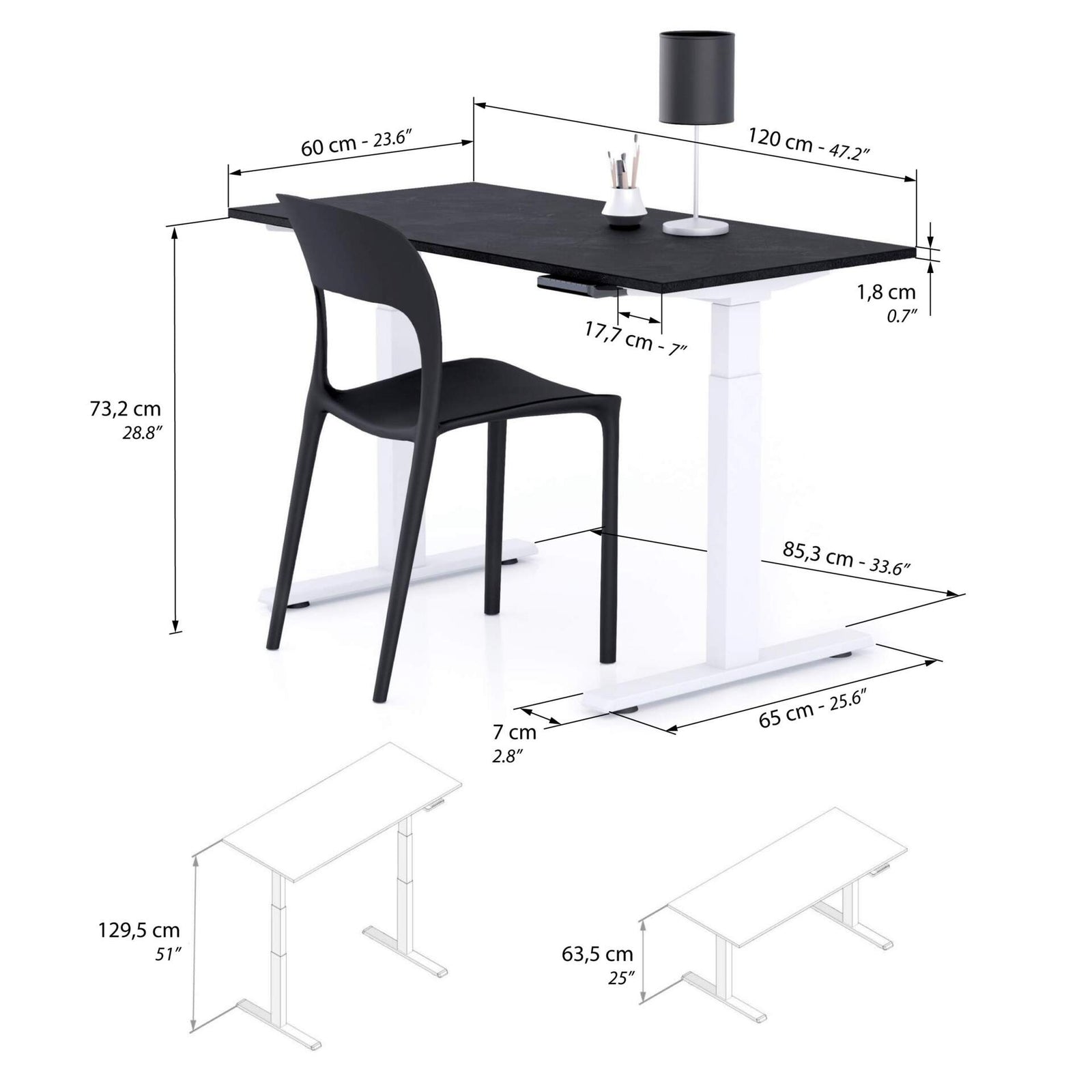 Scrivania Regolabile Clara 120x60 Nero Cemento con Gambe Bianche - Immagine tecnica 1
