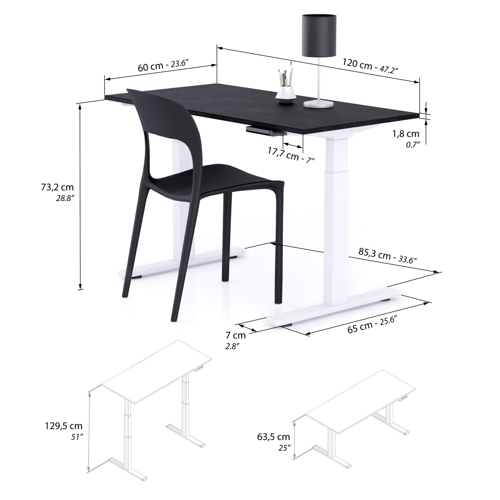 Escritorio Elevable Clara 120x60 Cemento Negro con Patas Blancas - Immagine tecnica 1