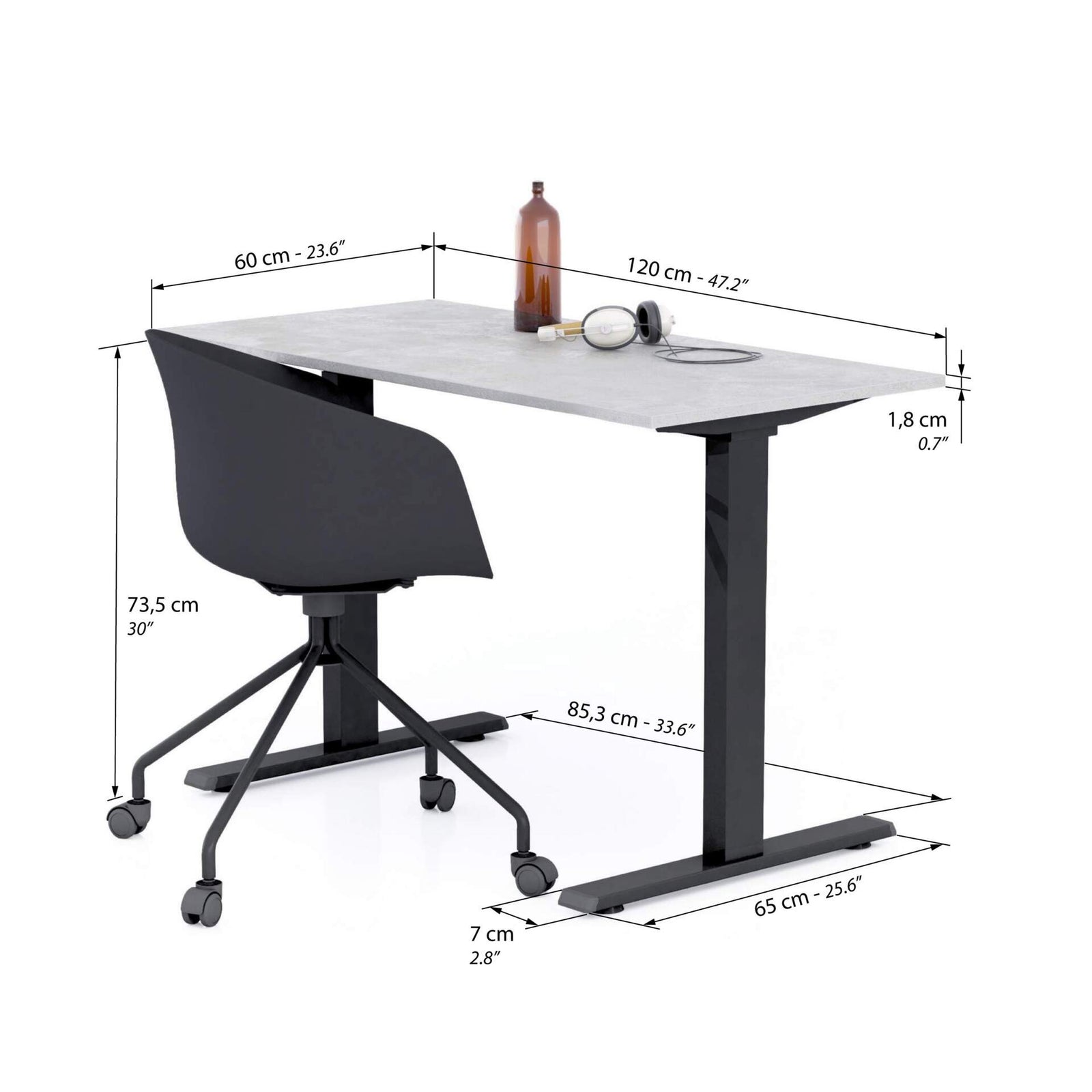 Bureau Clara 120x60, Gris Béton, avec Pieds Fixes Noirs - Immagine tecnica 1