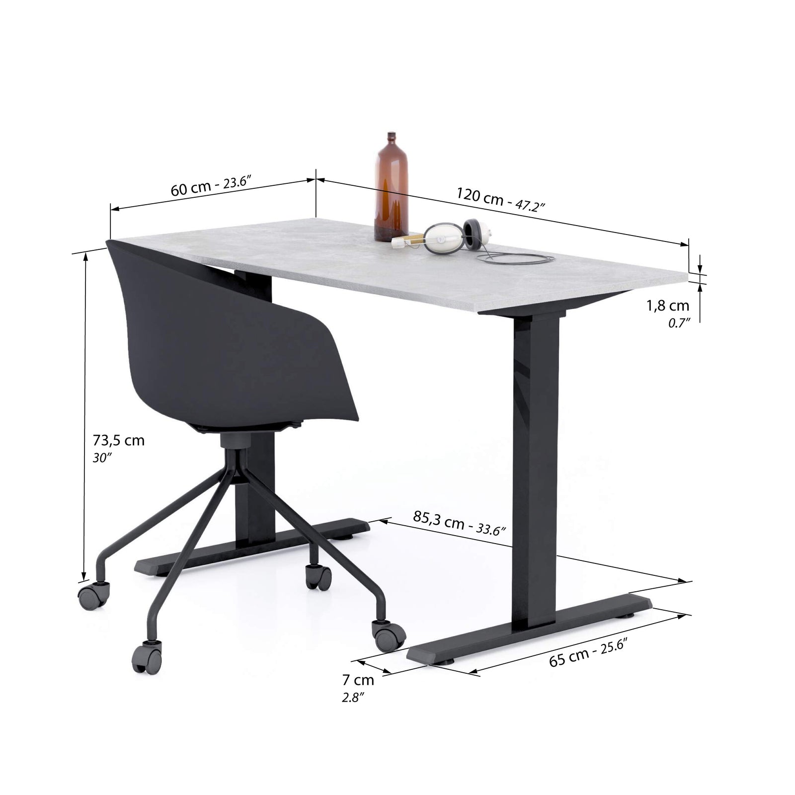 Clara Fixed Height Desk 120x60 Concrete Effect, Grey with Black Legs - Immagine tecnica 1