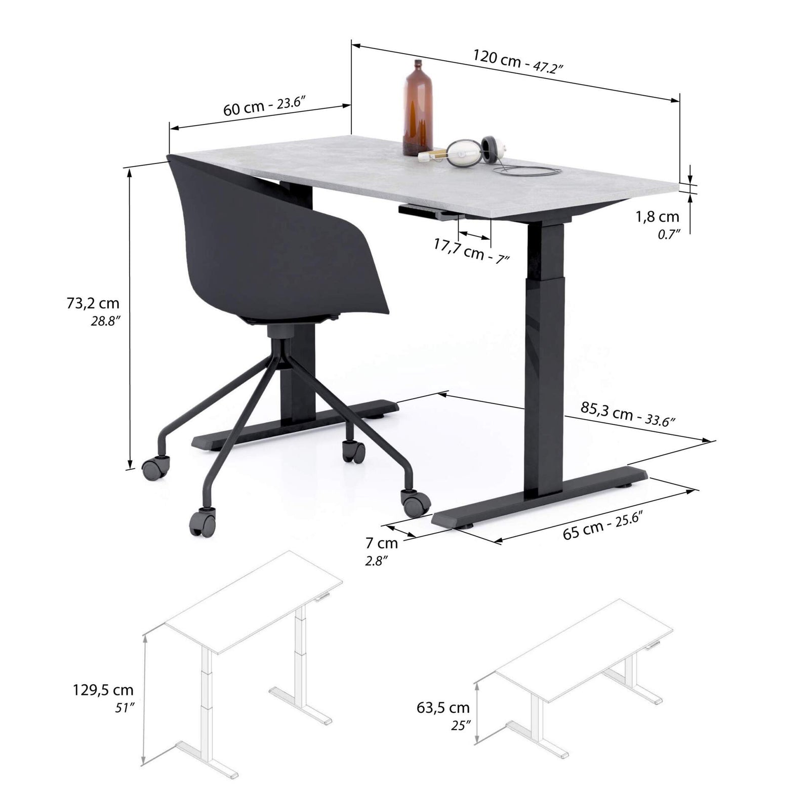 Scrivania Regolabile Clara 120x60 Grigio Cemento con Gambe Nere - Immagine tecnica 1
