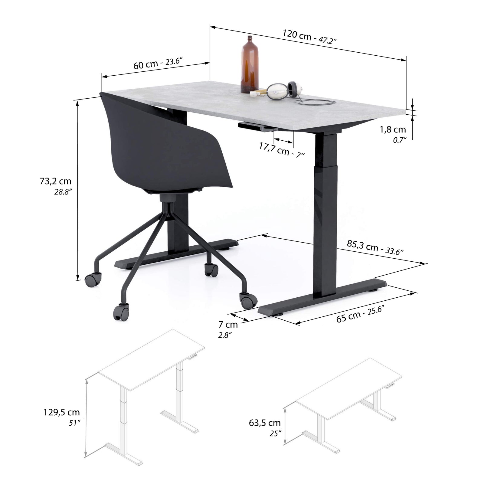 Clara Electric Standing Desk 120x60 Concrete Effect, Grey with Black Legs - Immagine tecnica 1