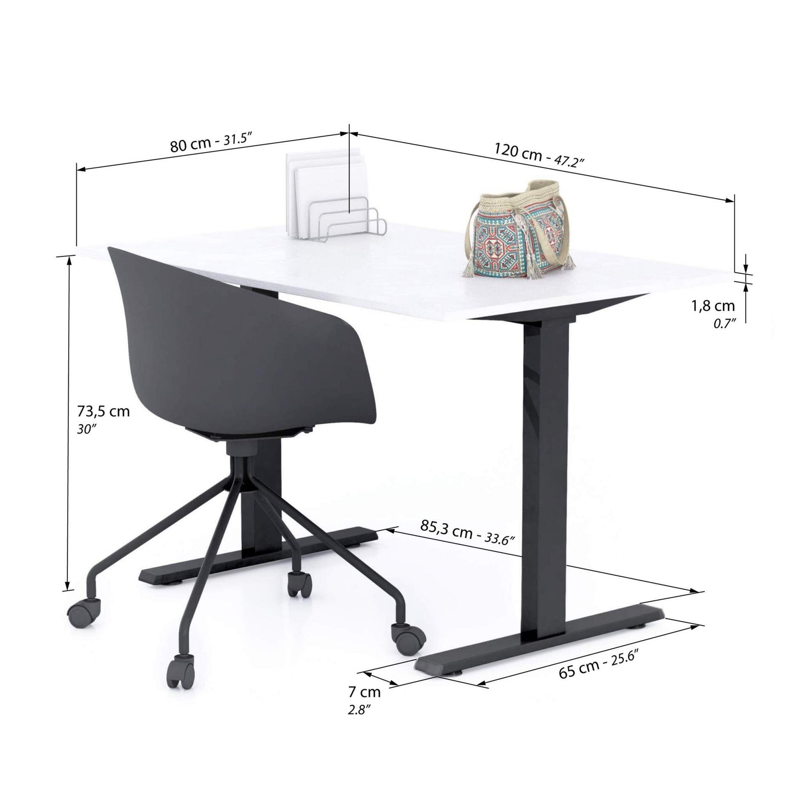 Schreibtisch Clara 120x80 Beton Weiß mit Fixen Schwarzen Beinen - Immagine tecnica 1