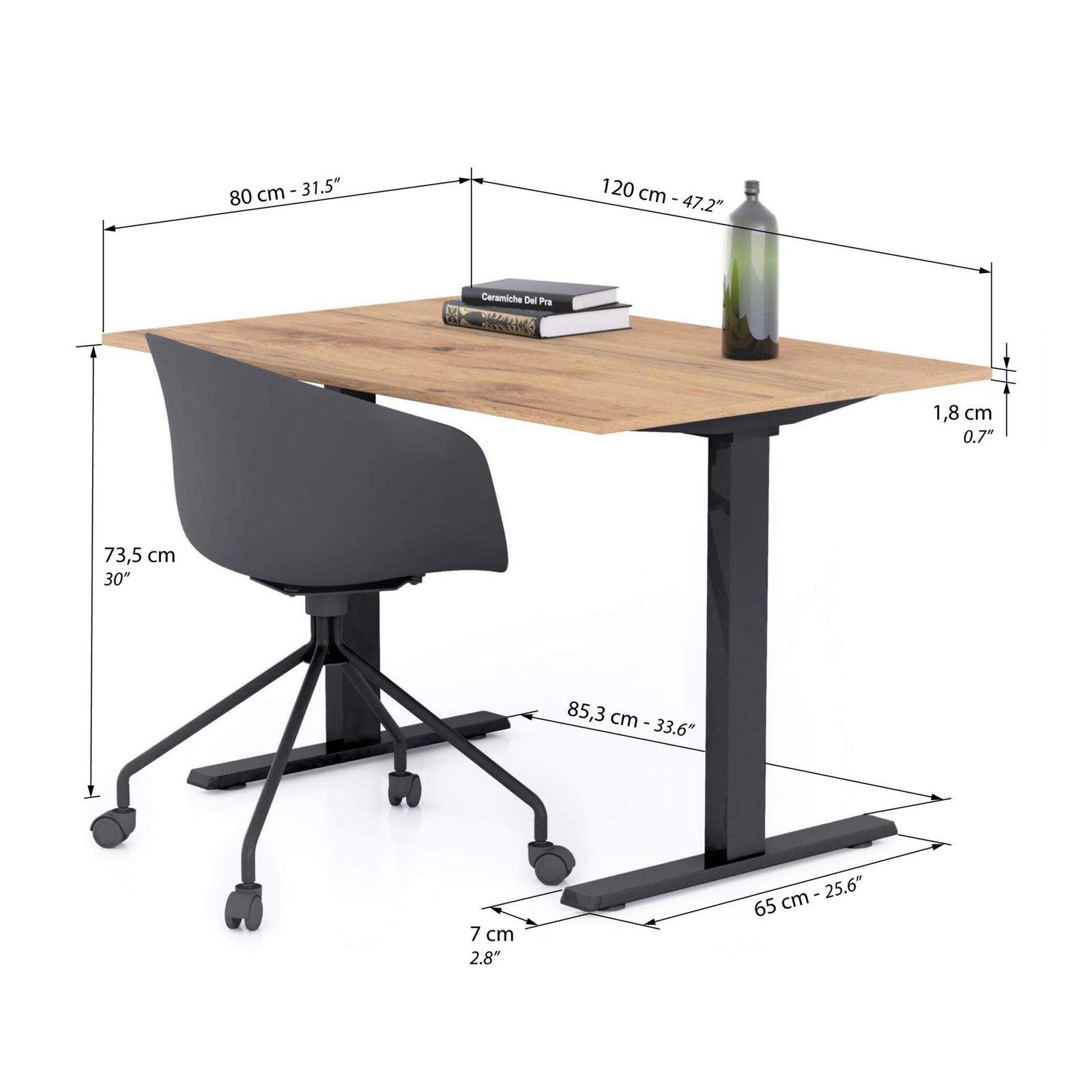 Bureau Clara 120x80, Bois Rustique, avec Pieds Fixes Noirs - Immagine tecnica 1