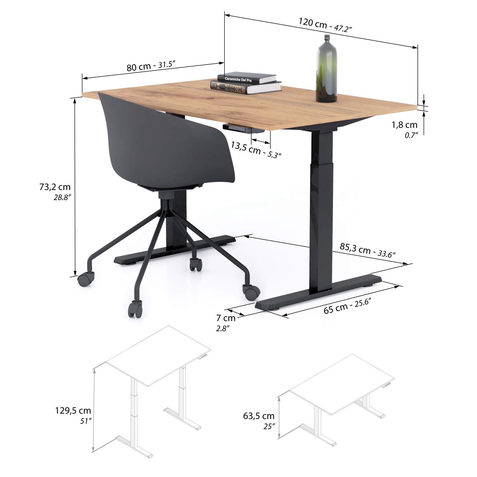 Bureau assis/debout Clara 120x80 Bois Rustique avec pieds noirs - Immagine tecnica 1