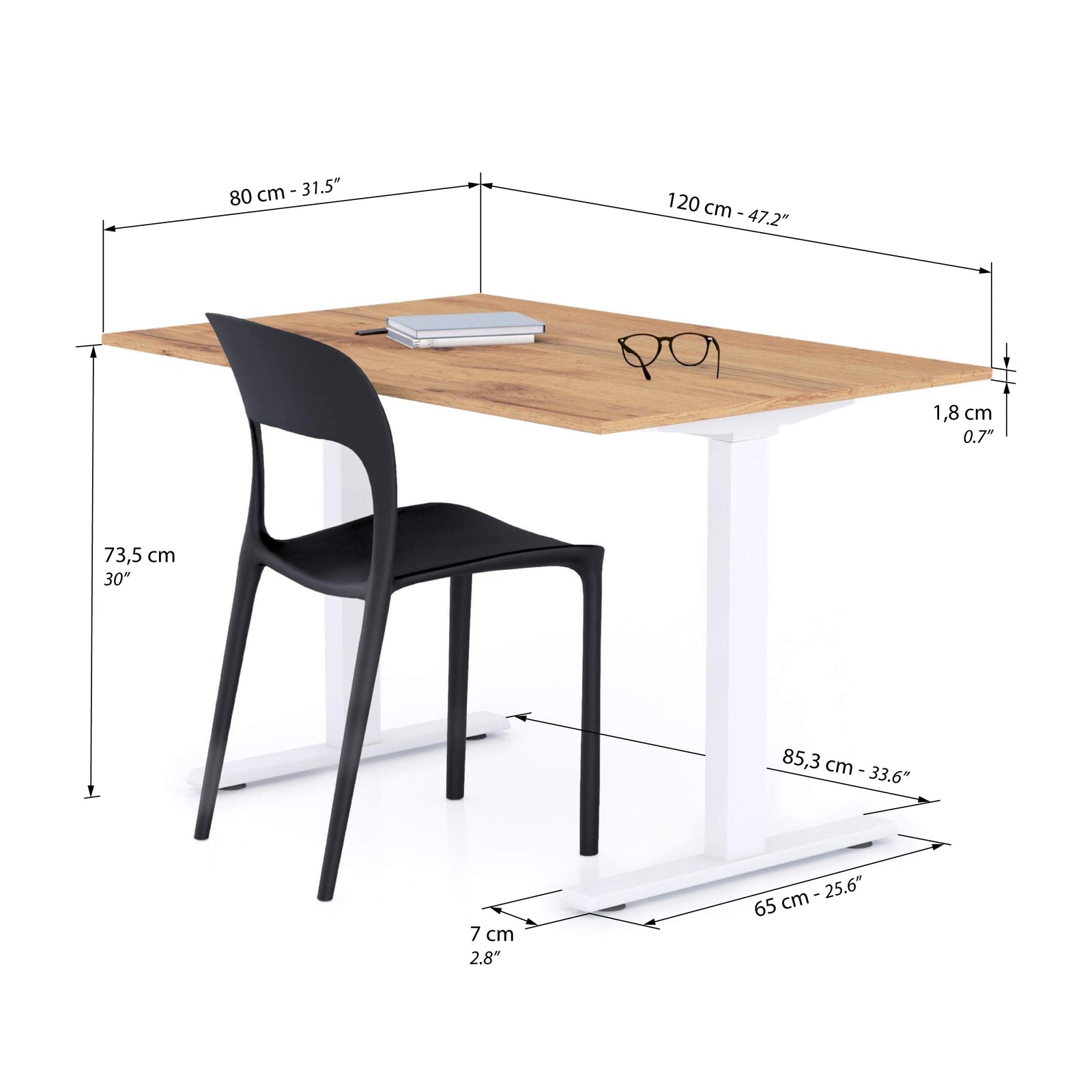 Schreibtisch Clara 120x80 Rustikale Eiche mit Fixen Weißen Beinen - Immagine tecnica 1