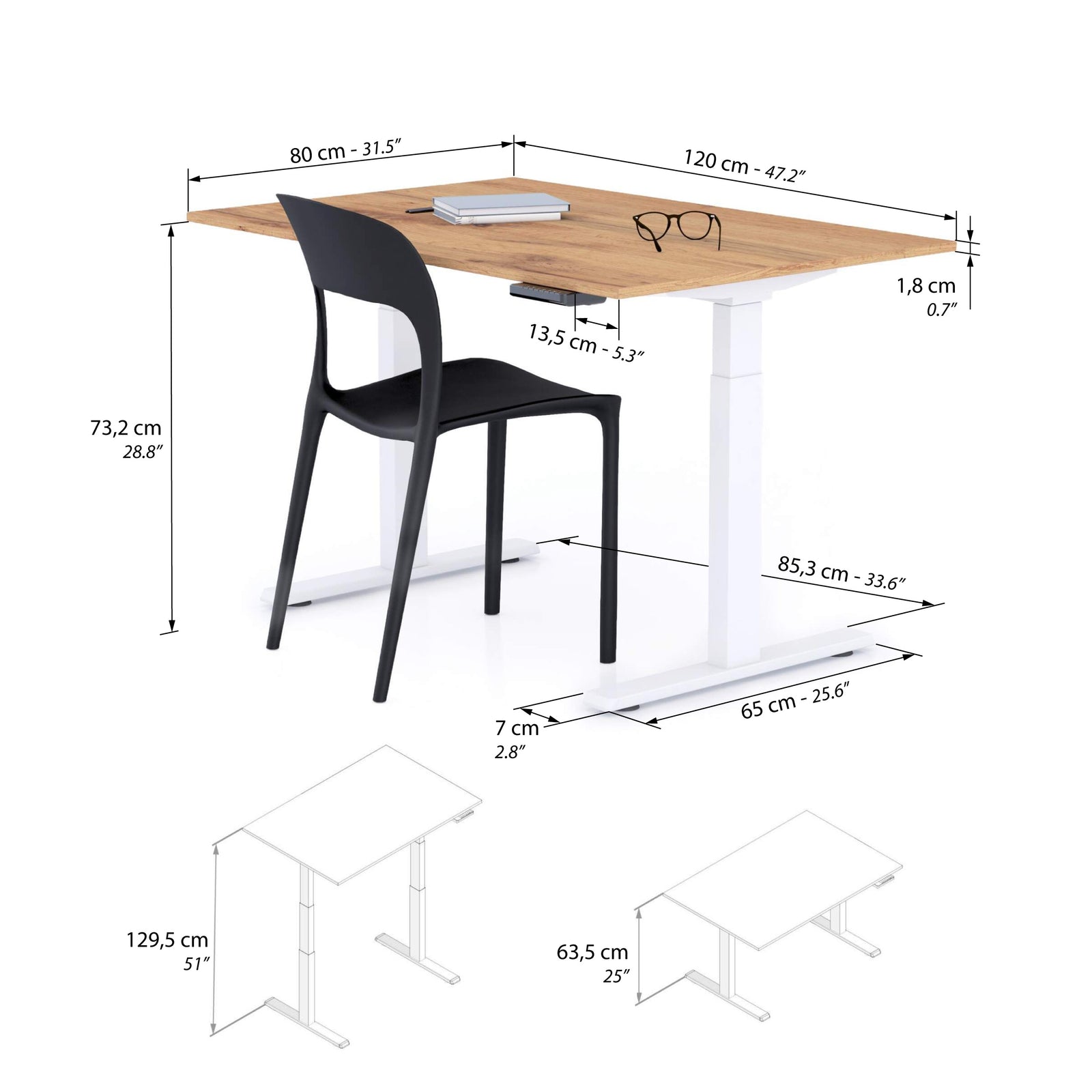 Bureau assis/debout Clara 120x80 Bois Rustique avec pieds blancs - Immagine tecnica 1