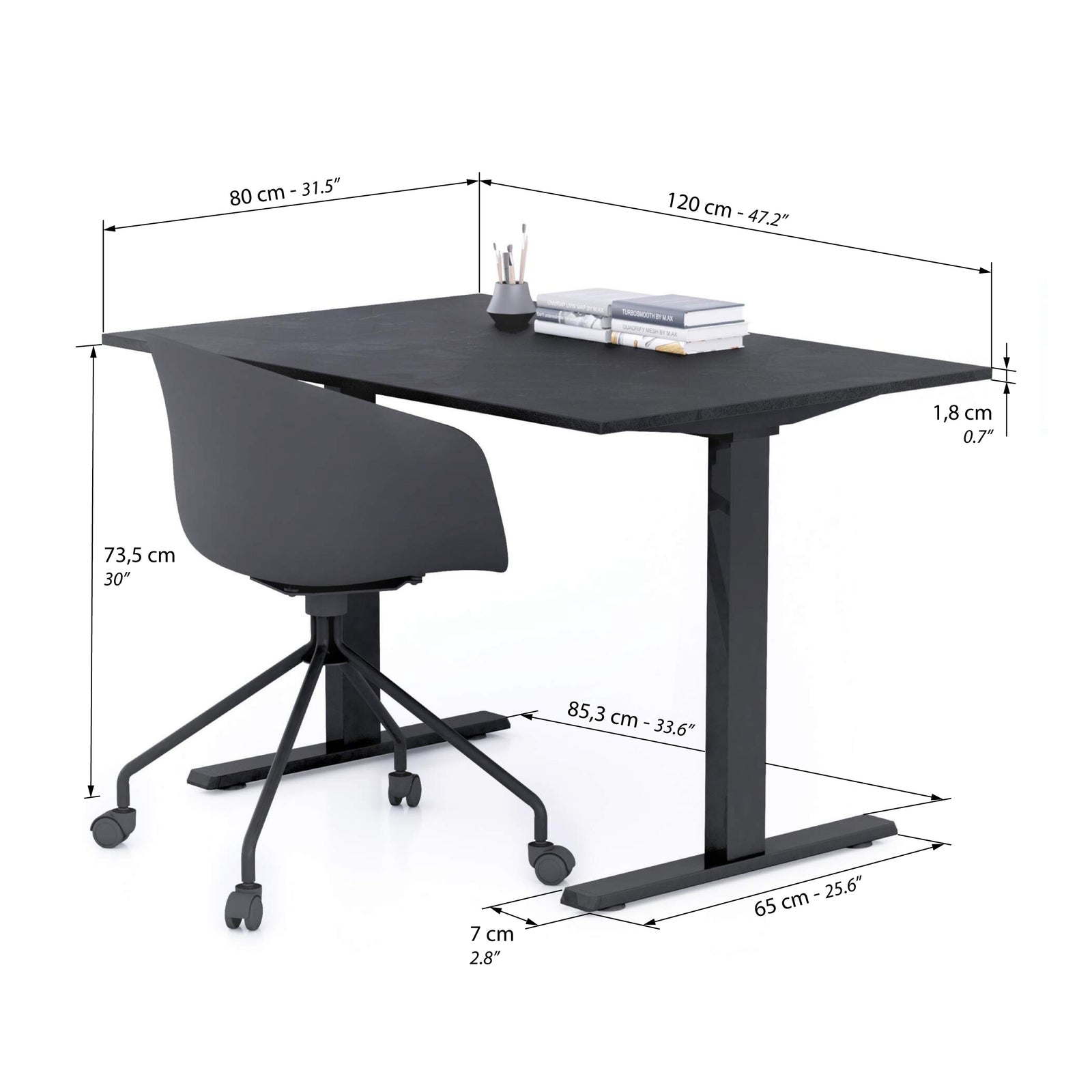 Clara Fixed Height Desk 120x80 Concrete Effect, Black with Black Legs - Immagine tecnica 1