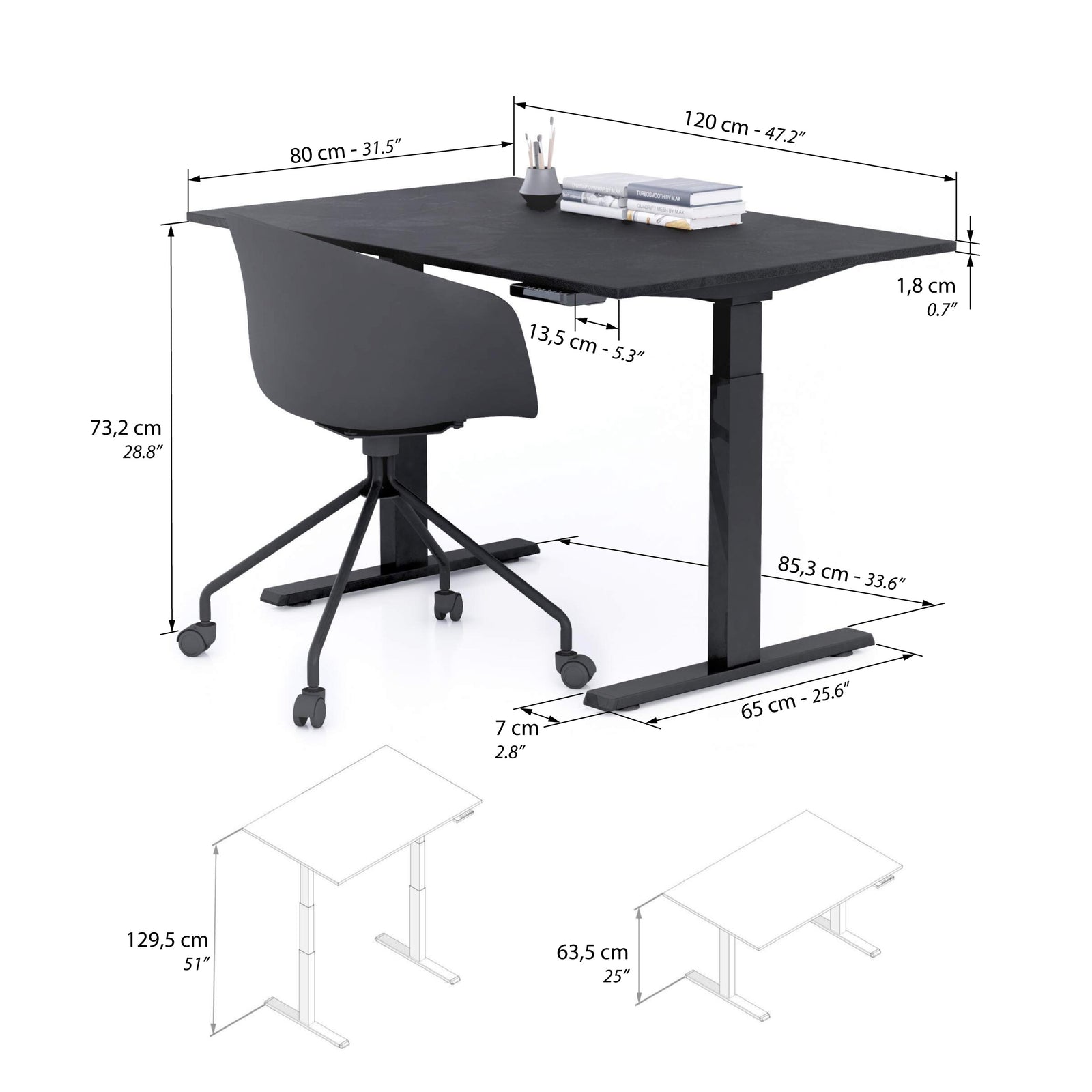 Clara Electric Standing Desk 120x80 Concrete Effect, Black with Black Legs - Immagine tecnica 1