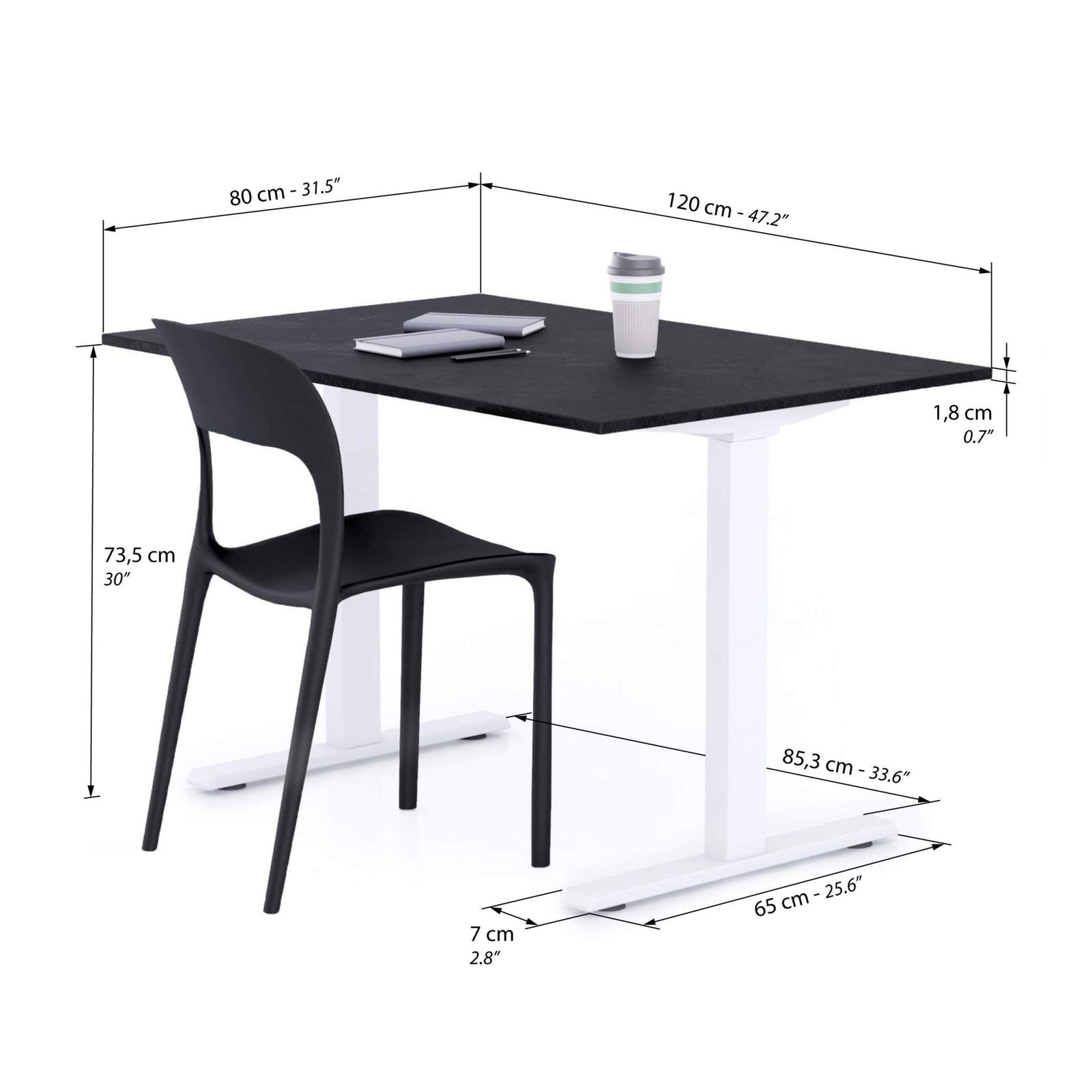 Scrivania Fissa Clara 120x80 Nero Cemento con Gambe Bianche - Immagine tecnica 1