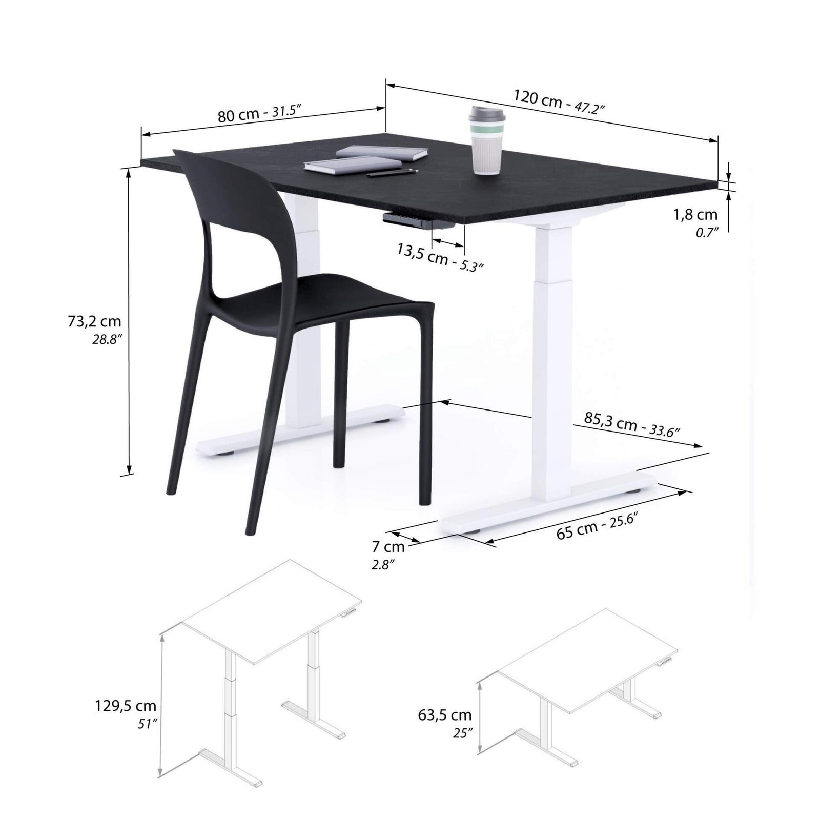 Bureau assis/debout Clara 120x80 Noir Béton avec pieds blancs - Immagine tecnica 1
