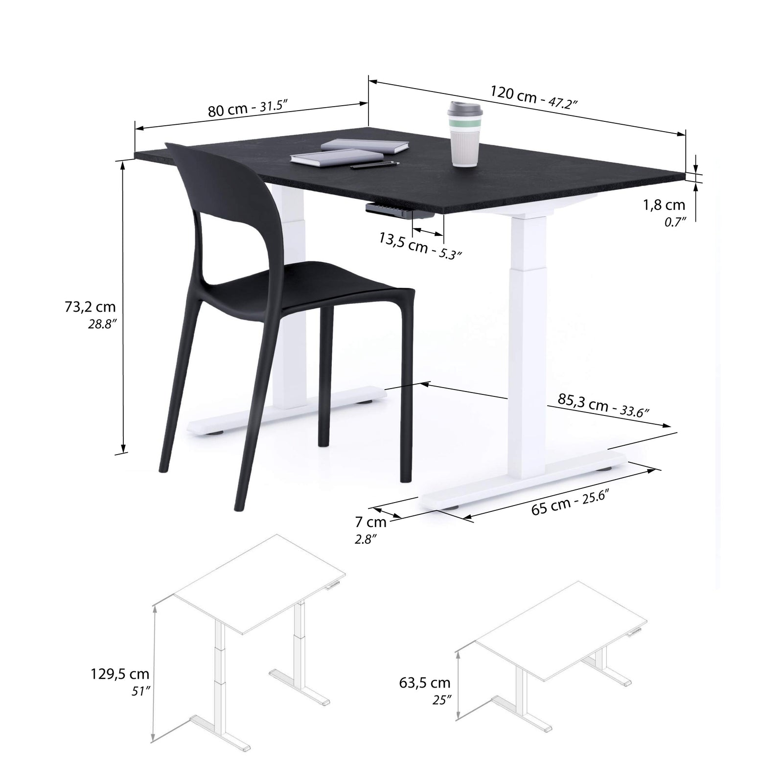 Clara Electric Standing Desk 120x80 Concrete Effect, Black with White Legs - Immagine tecnica 1