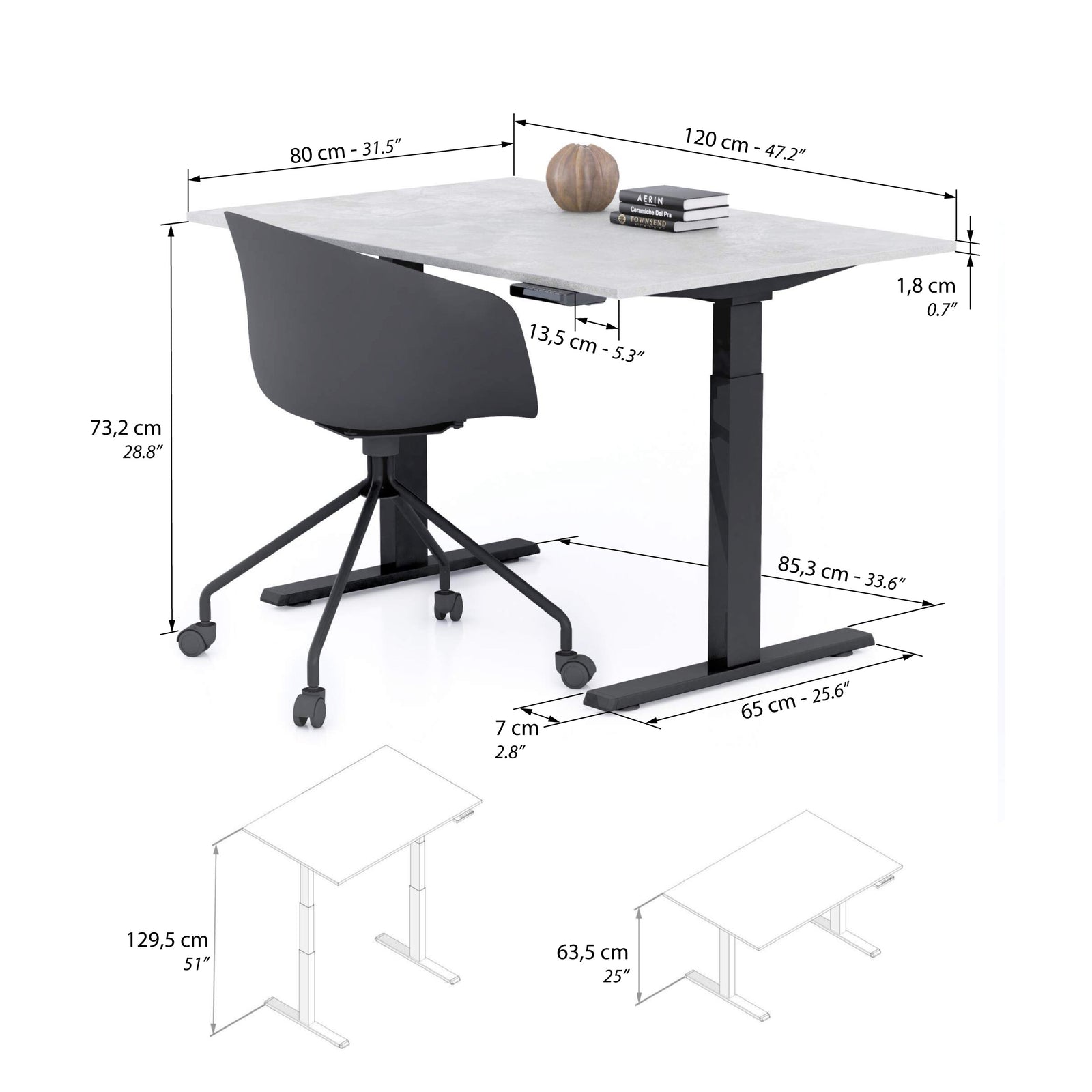 Verstellbarer Schreibtisch Clara 120x80 Grau Beton mit schwarzen Beinen - Immagine tecnica 1