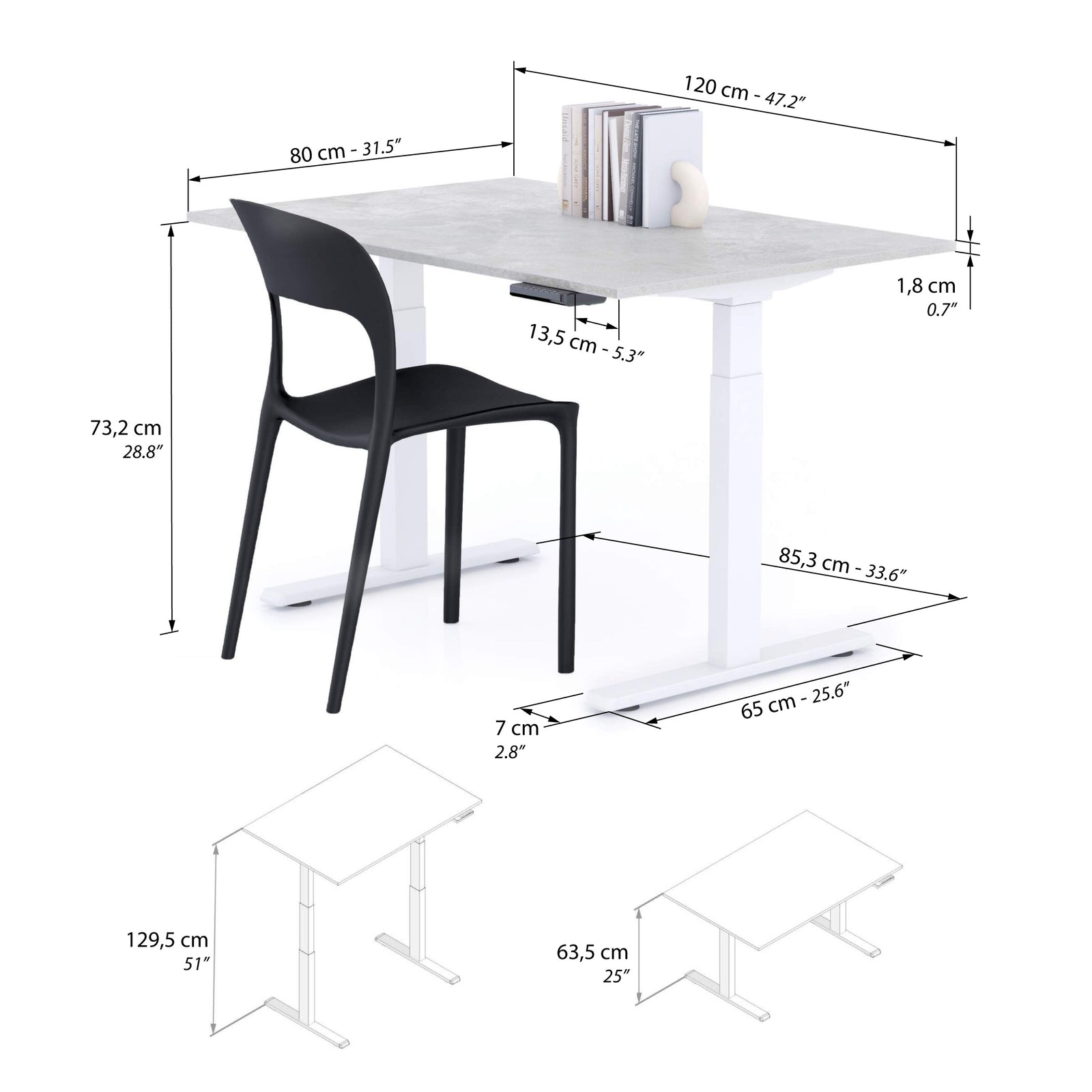 Birou Reglabil Clara 120x80 Gri Ciment cu Picioare Albe - Immagine tecnica 1