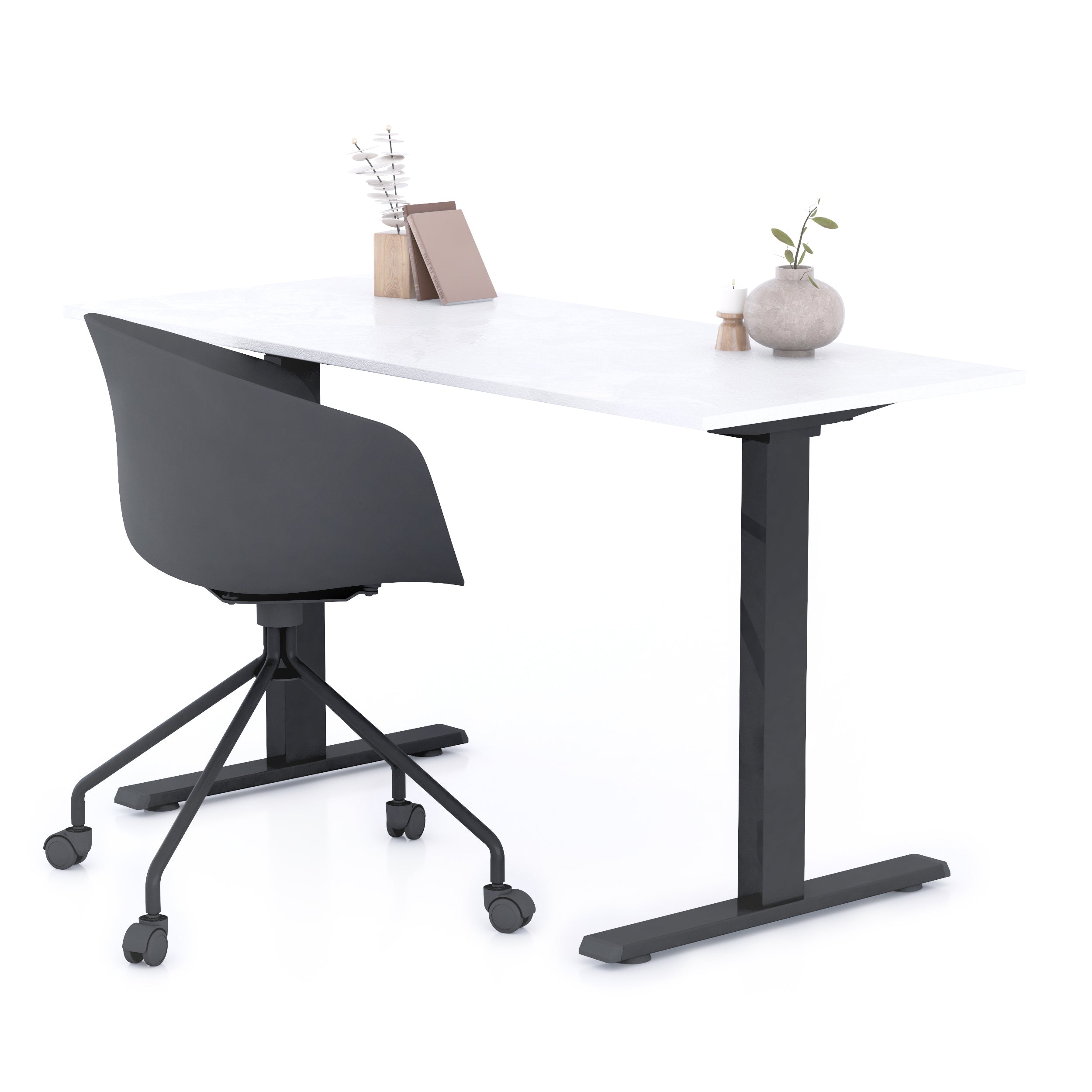 Bureau Clara 140x60, Blanc Béton, avec Pieds Fixes Noirs