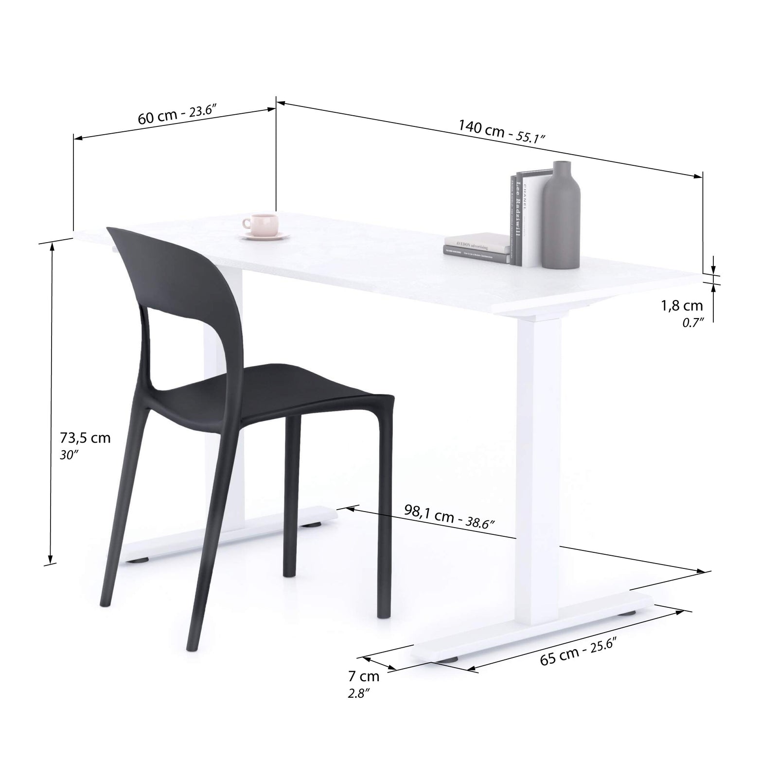 Birou Fix Clara 140x60 Alb Ciment cu Picioare Albe - Immagine tecnica 1