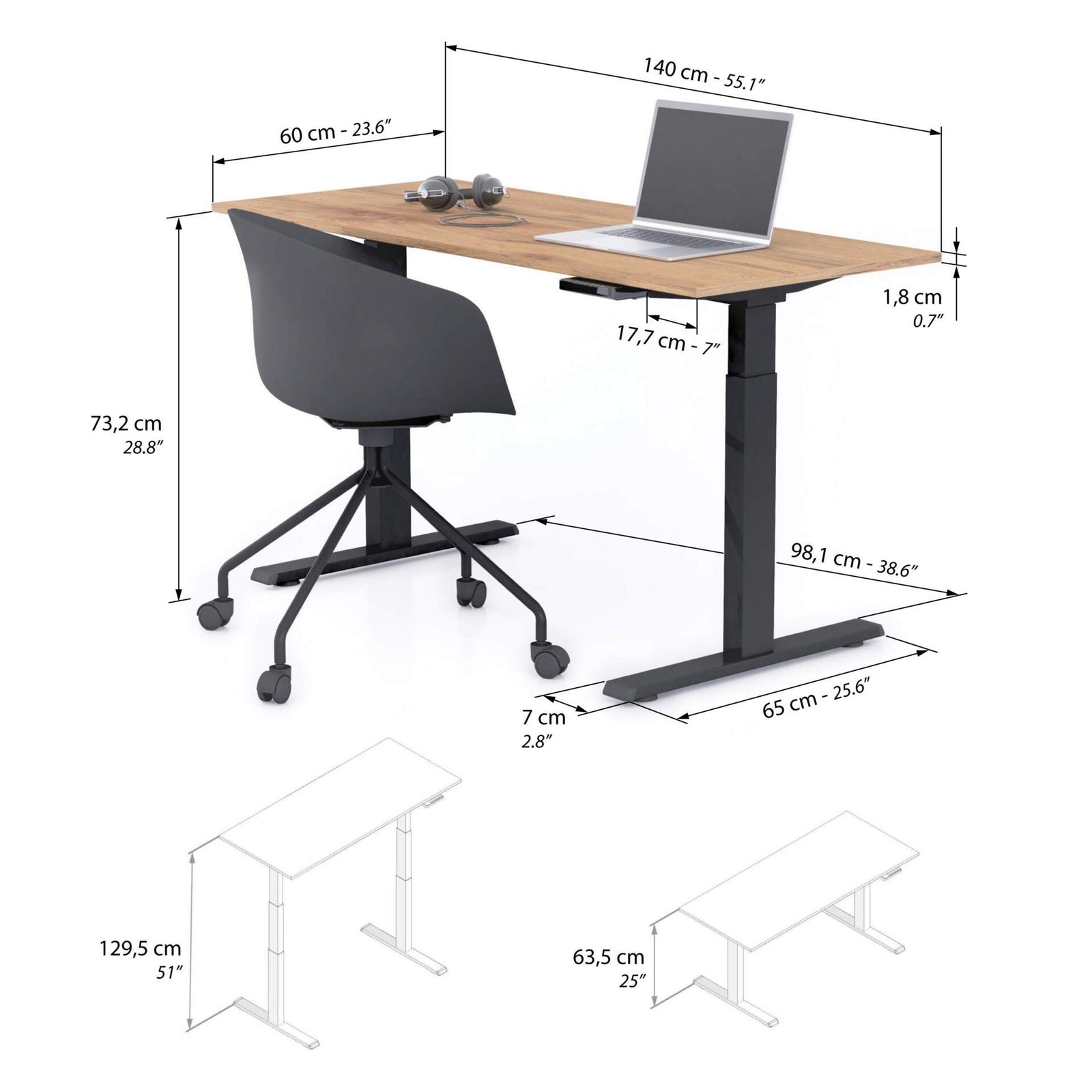 Scrivania Regolabile Clara 140x60 Rovere Rustico con Gambe Nere - Immagine tecnica 1