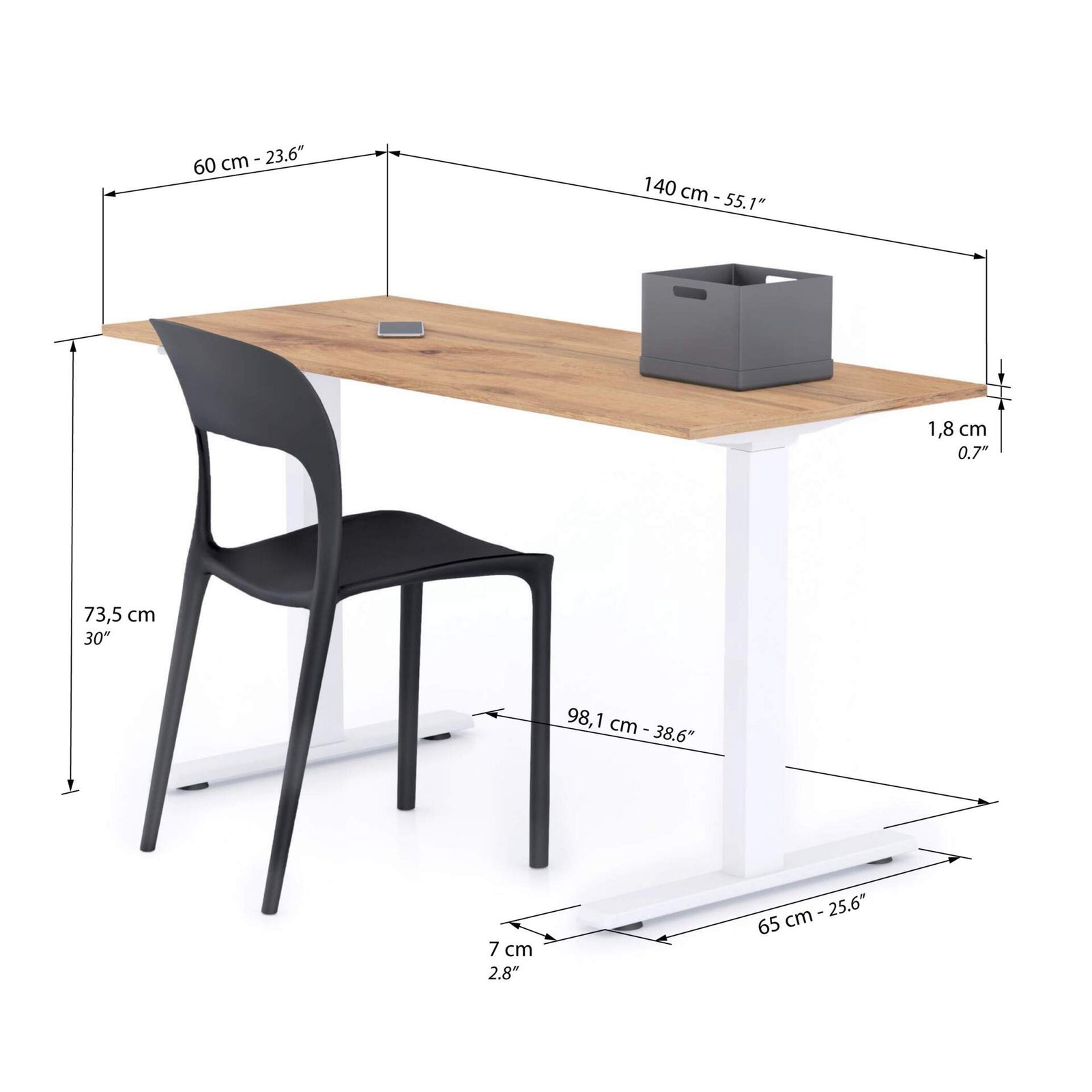 Clara Fixed Height Desk 140x60 Rustic Oak with White Legs - Immagine tecnica 1