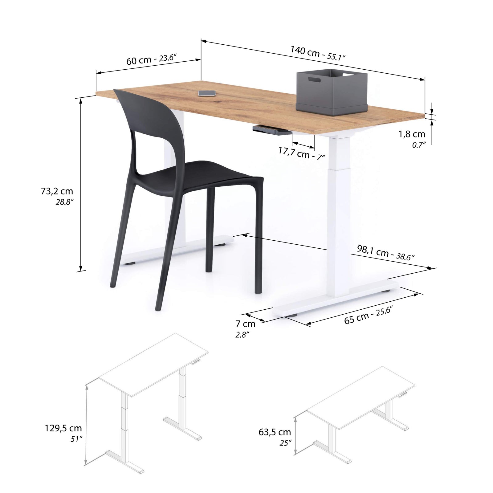 Bureau assis/debout Clara 140x60 Bois Rustique avec pieds blancs - Immagine tecnica 1