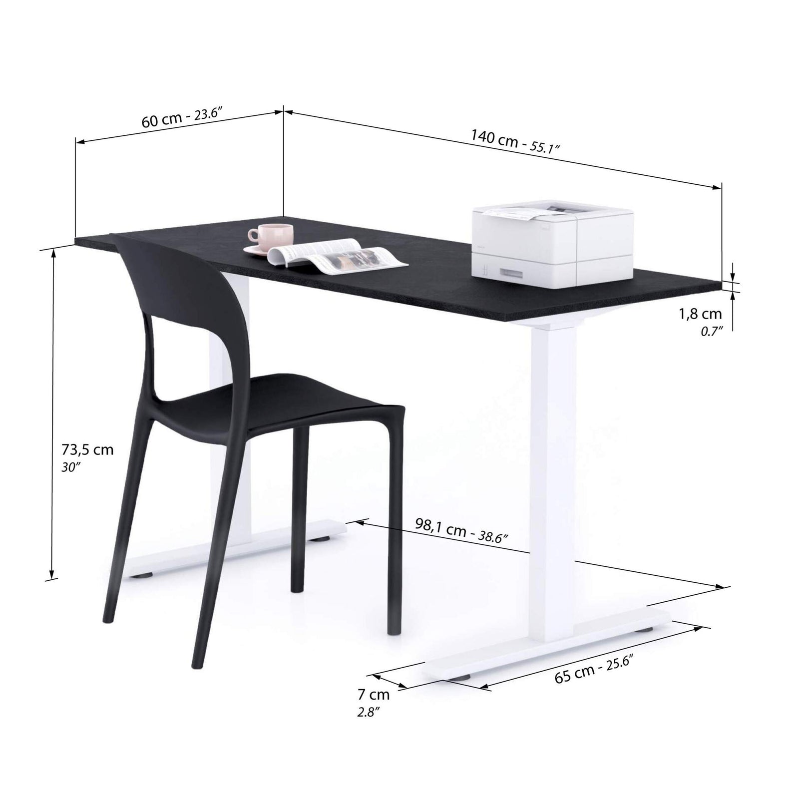 Bureau Clara 140x60, Noir Béton, avec Pieds Fixes Blanc - Immagine tecnica 1